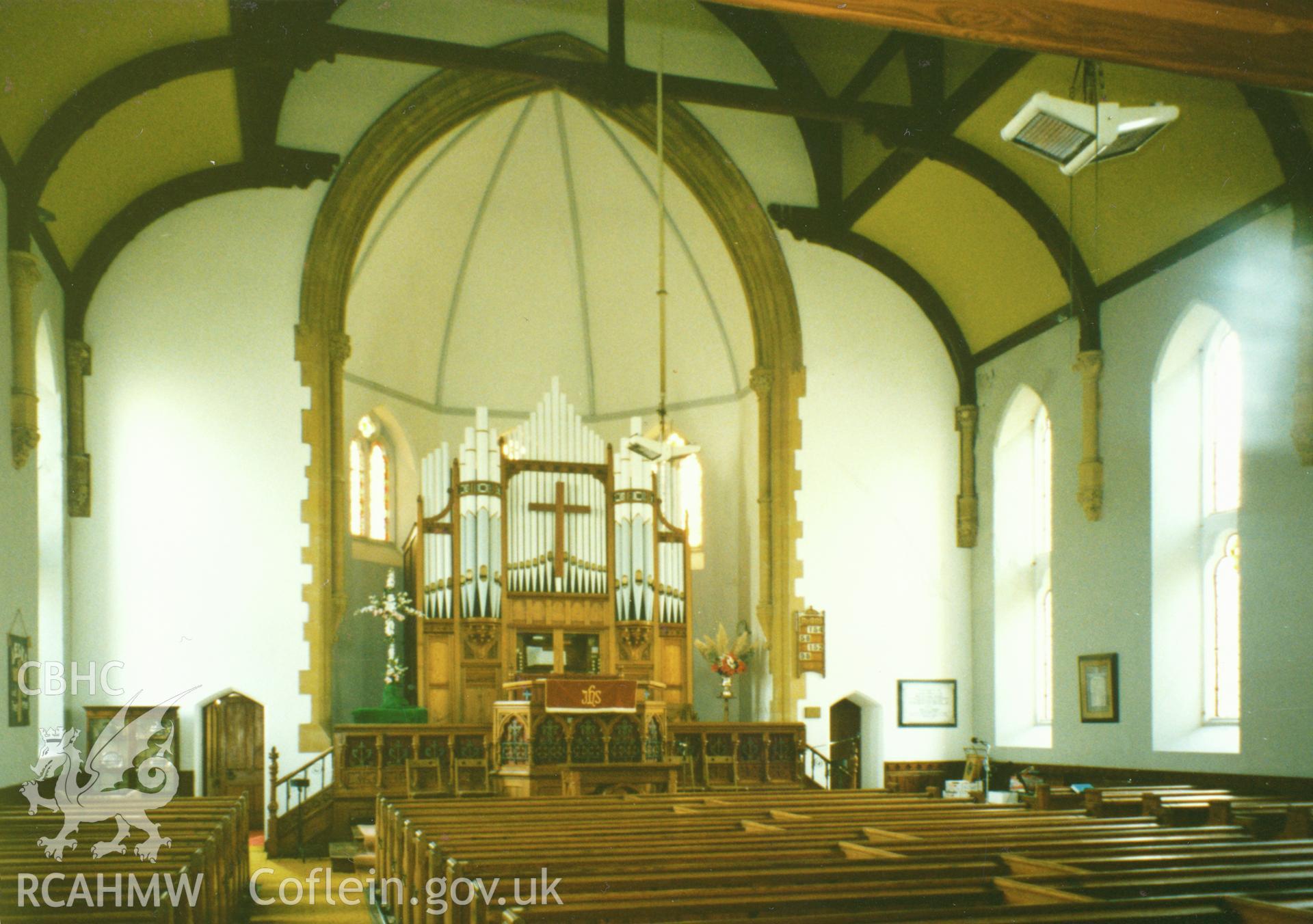 Digital copy of a colour photograph showing an interior view of Deer Park English Baptist Chapel, Tenby, taken by Robert Scourfield, c.1996.