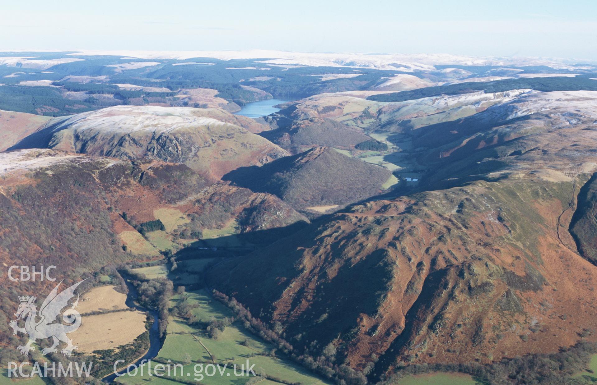 RCAHMW colour oblique aerial photograph of Dinas and Afon Twyi, landscape from south-west. Taken by Toby Driver on 31/01/2003