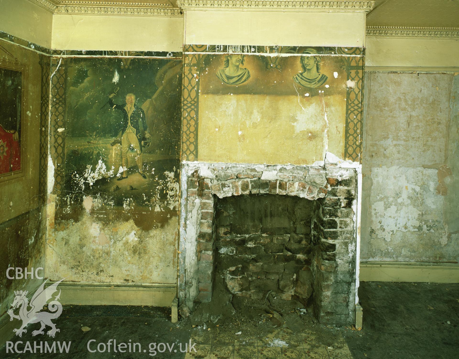 RCAHMW colour transparency showing the paintings either side of the fireplace at Elwy Bank, St Asaph, photographed by Iain Wright, November 2003.