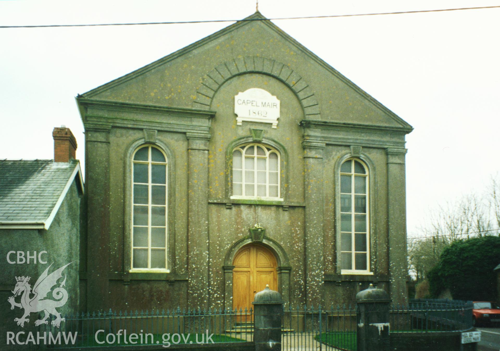 Digital copy of a colour photograph showing an exterior view of Capel Mair Welsh Independent Chapel, St Clears, taken by Robert Scourfield, 1996.