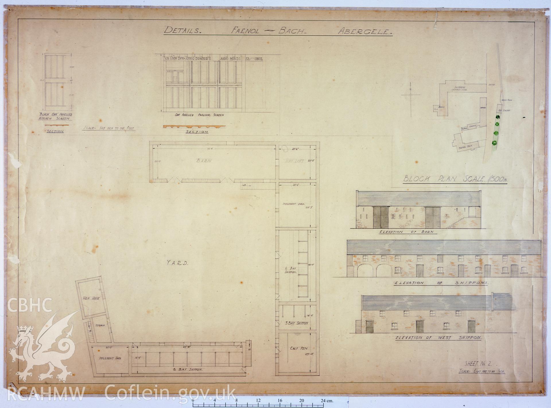 RCAHMW colour transparency showing measured drawings of Faenol Bach, Abergele.