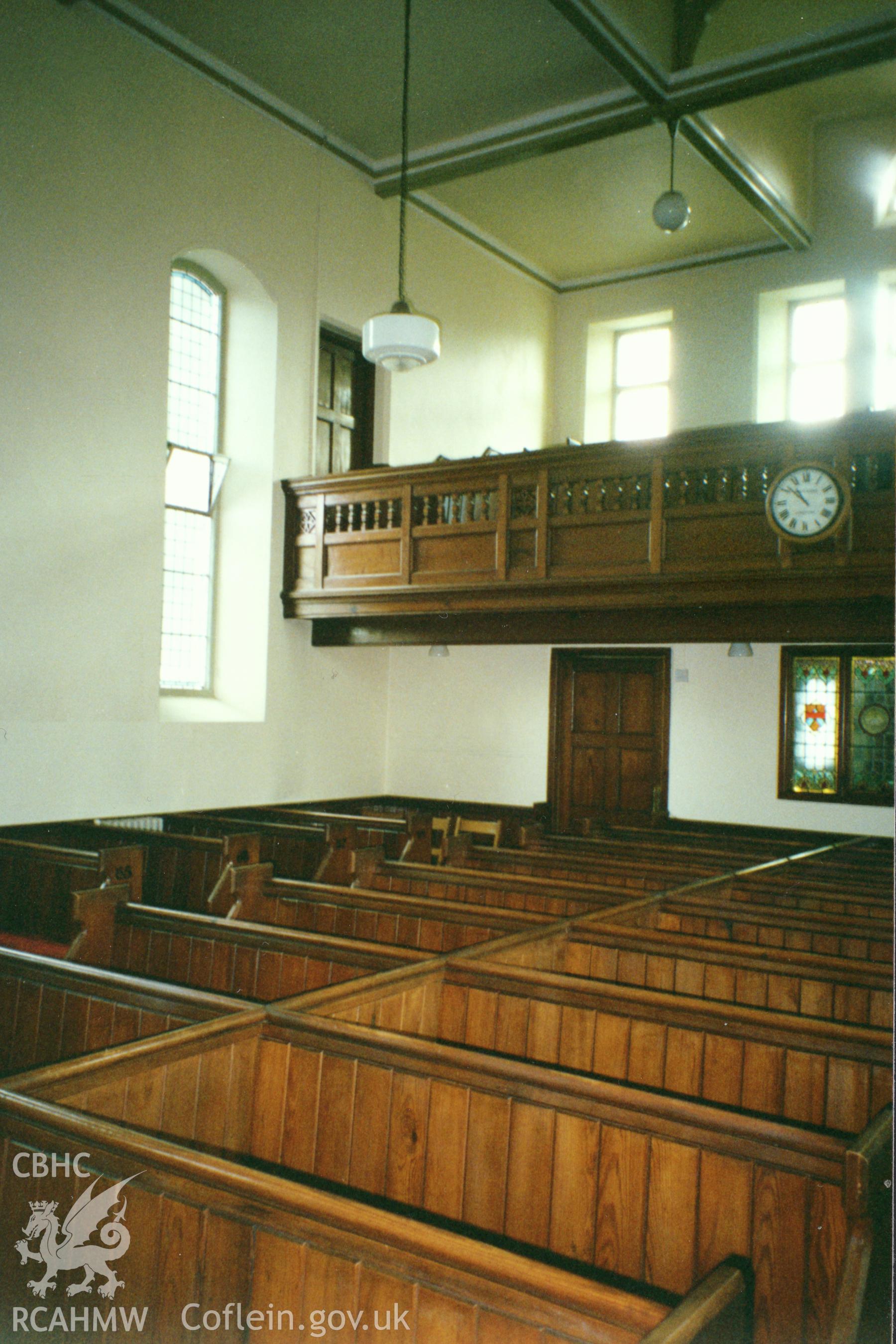 Digital copy of a colour photograph showing an interior view of Bethania Welsh Calvinistic Methodist Chapel, Priory Street, Carmarthen, taken by Robert Scourfield, 1996.