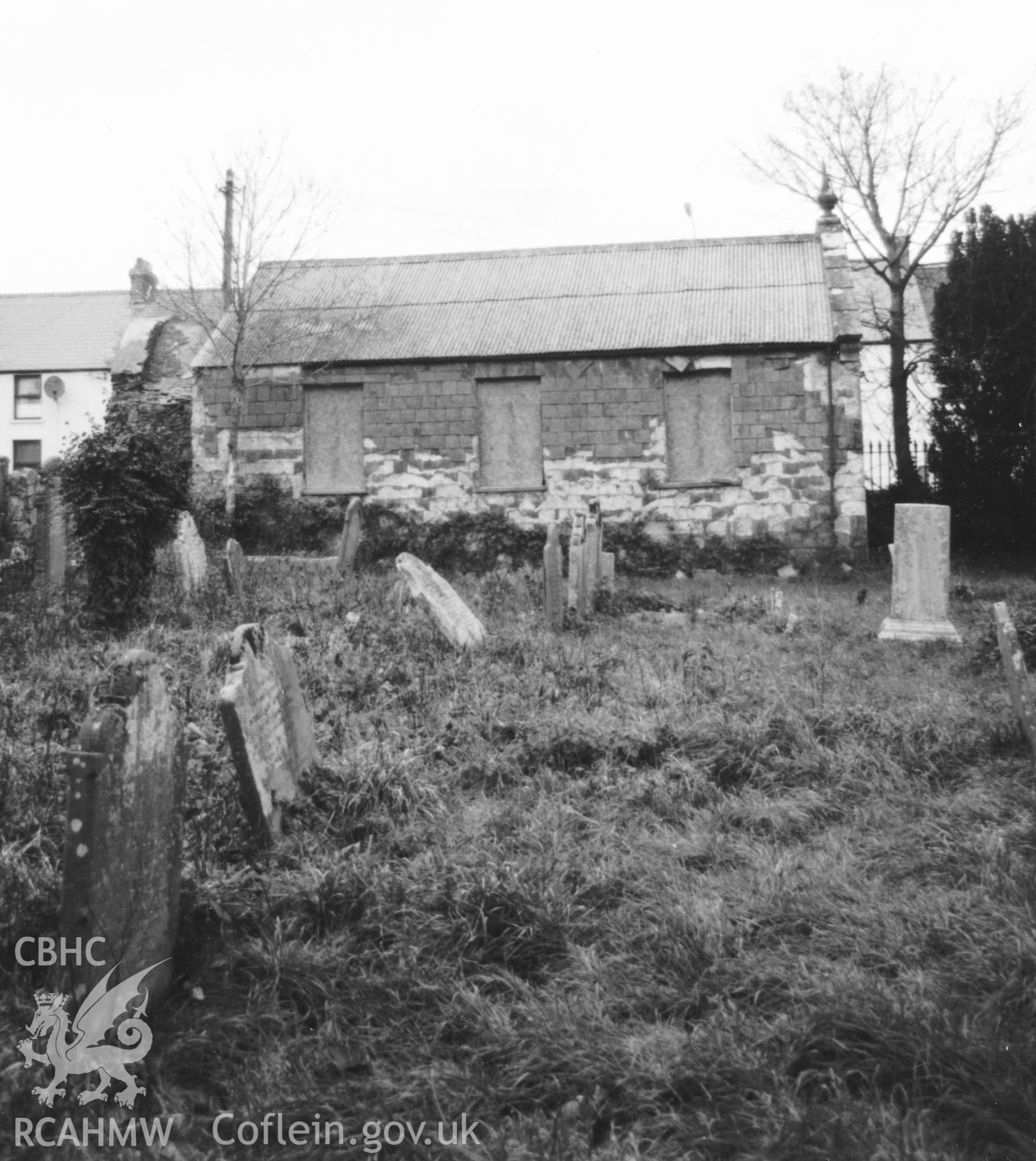 Digital copy of a black and white photograph showing an exterior view of Machpelah Baptist Chapel, Haverfordwest, taken by Robert Scourfield, 1996.