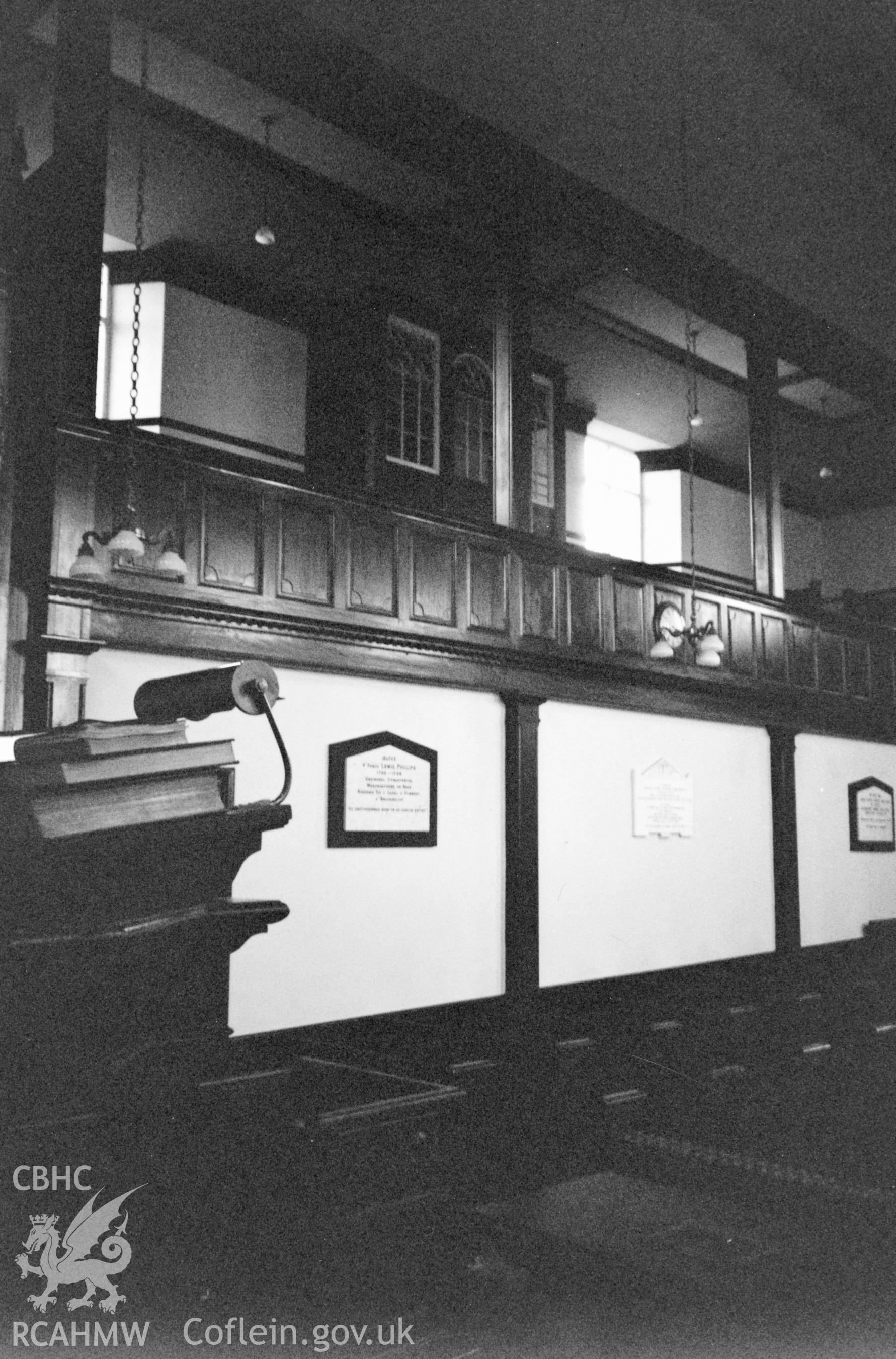 Digital copy of a black and white photograph showing an interior view of Henllan Amgoed Congregational Chapel,  taken by Robert Scourfield, 1996.