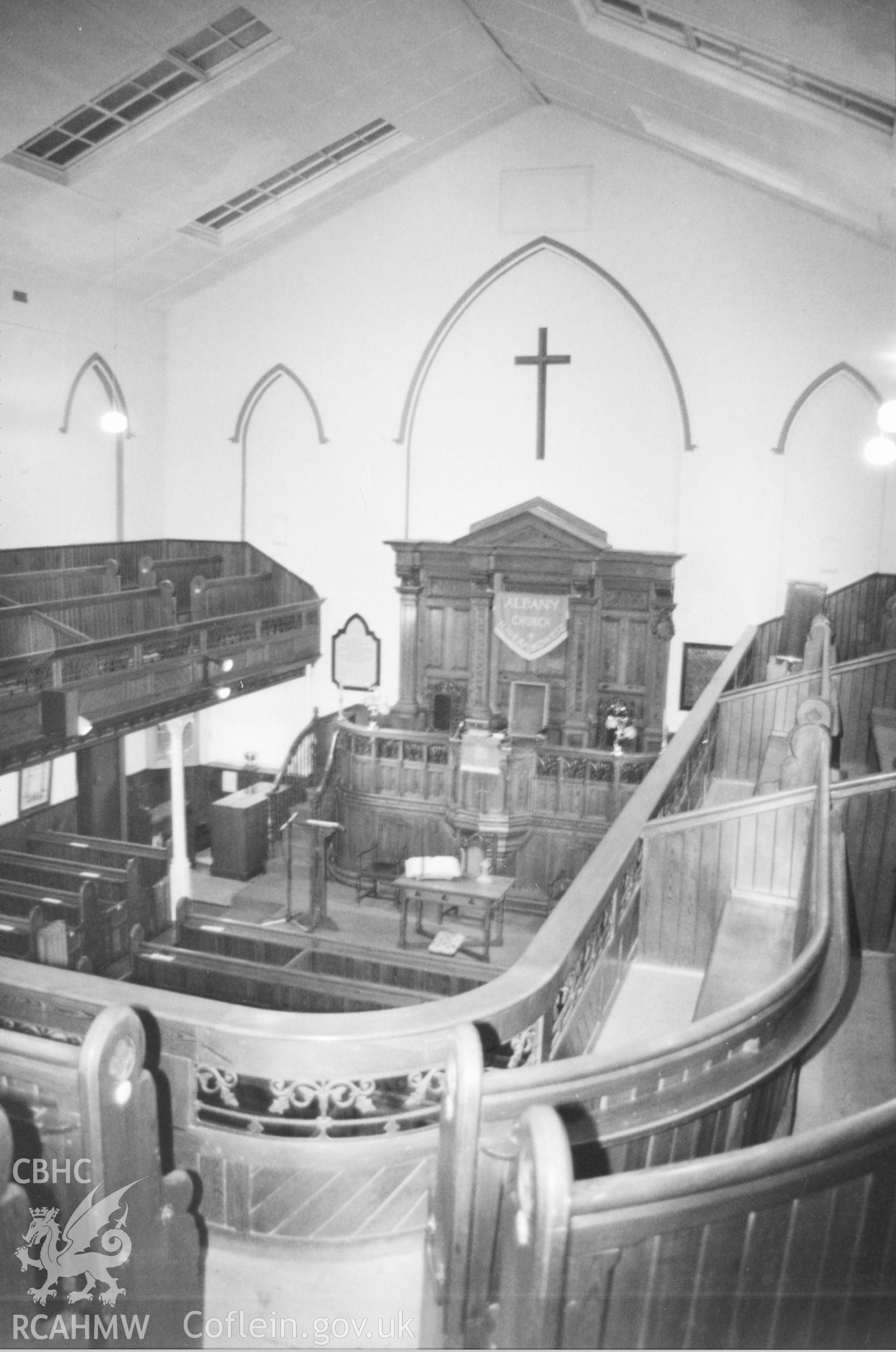 Digital copy of a black and white photograph showing an interior view of Albany Congregational Chapel, Haverfordwest taken by Robert Scourfield, 1996.