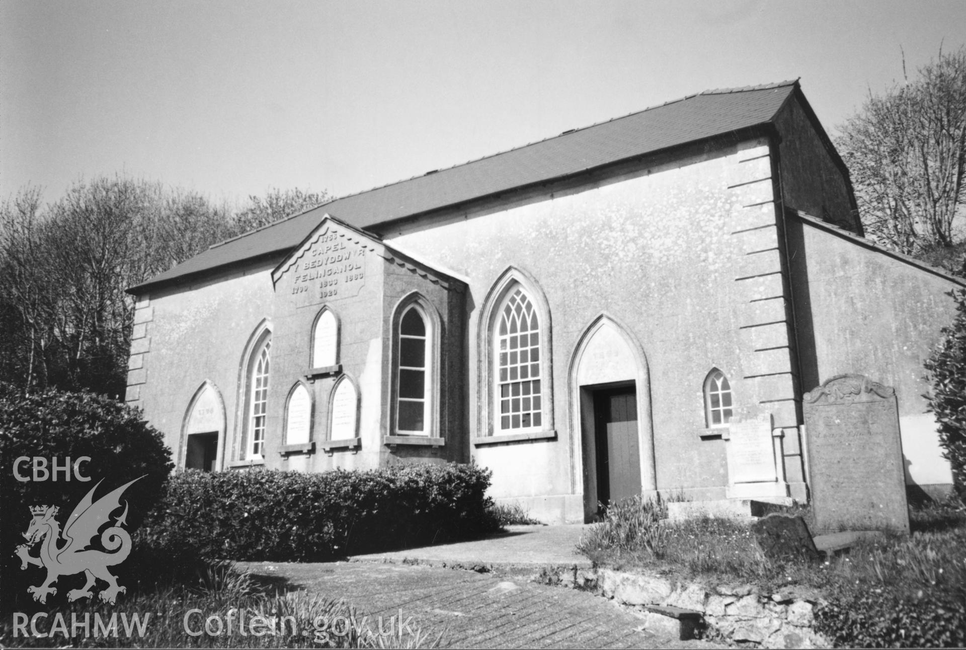 Digital copy of a black and white photograph showing an exterior view of Felin Ganol Welsh Baptist Chapel, Middlemill, taken by Robert Scourfield, c.1996.