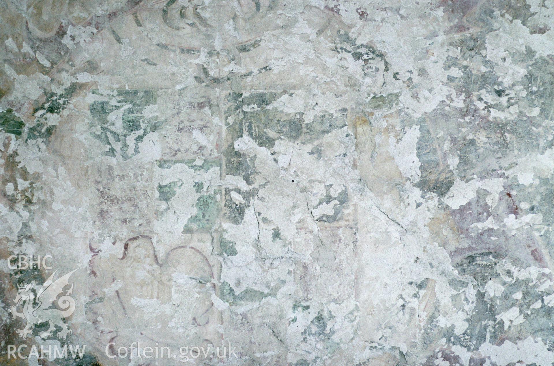 35mm colour slide showing the wallpainting at St. Melangells' Church, Pennant by Dylan Roberts, undated.