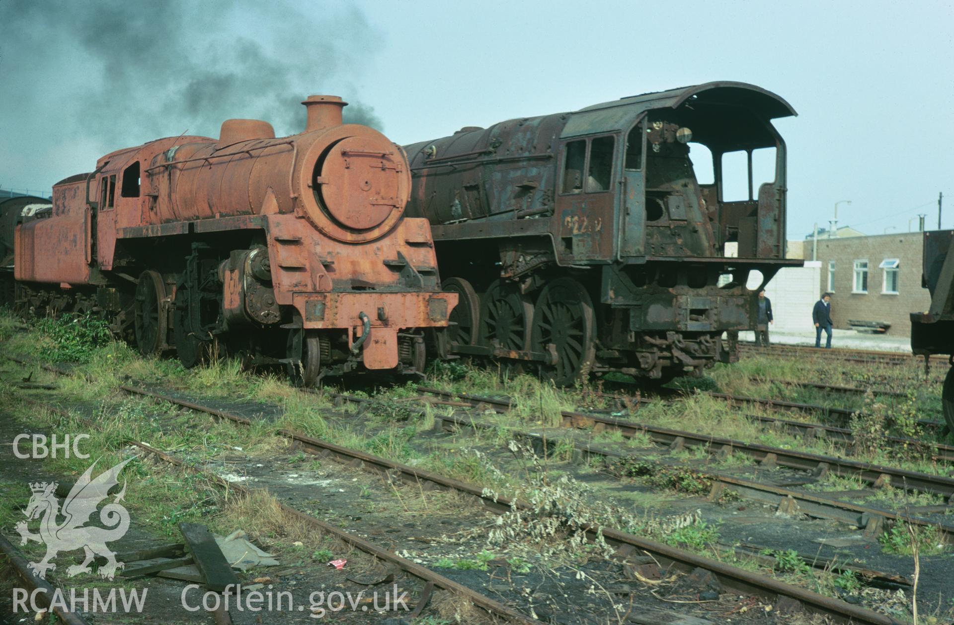 35mm slide showing two steam locomotives in siding at Barry Station, Glamorgan, by Dylan Roberts.