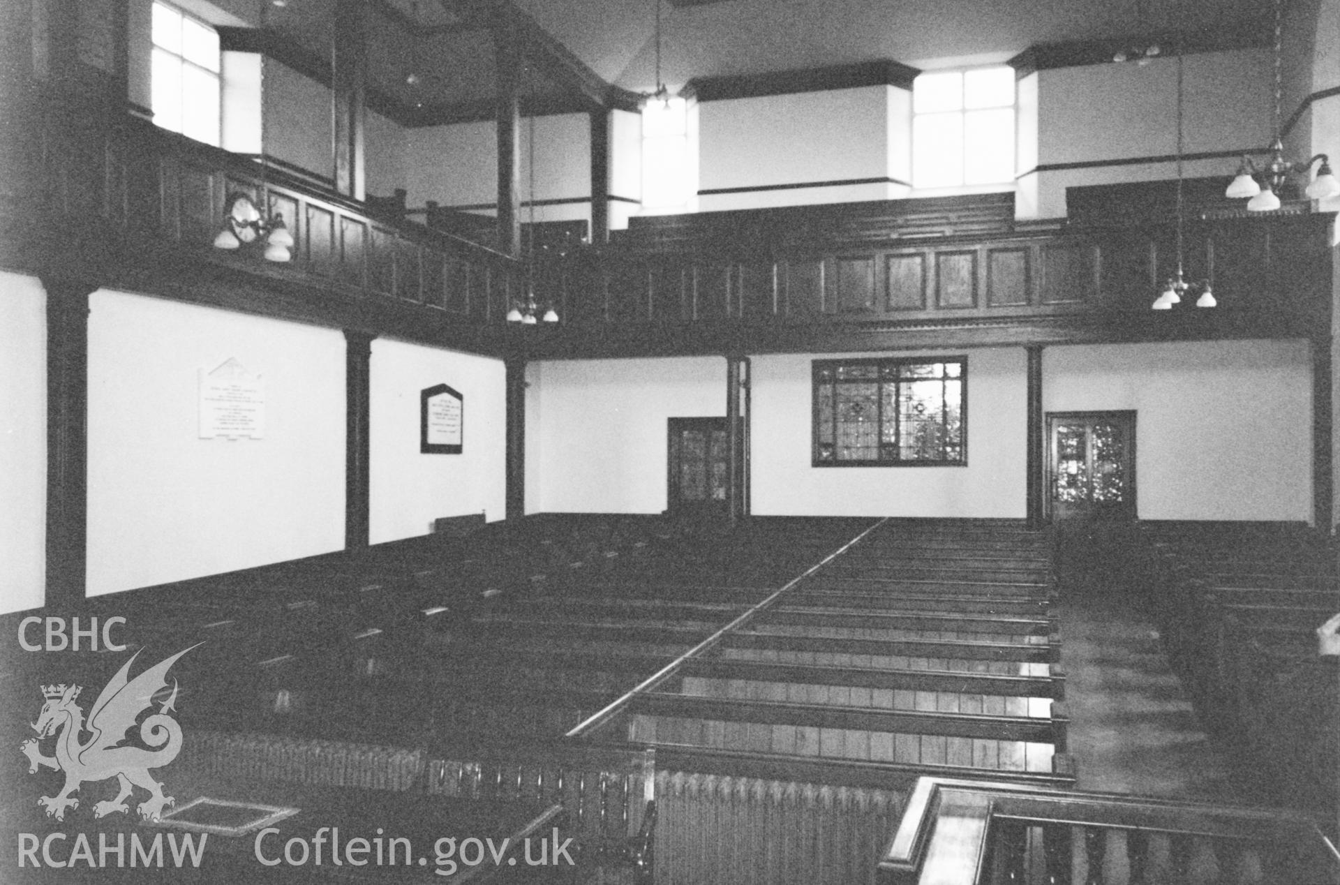 Digital copy of a black and white photograph showing an interior view of Henllan Amgoed Congregational Chapel,  taken by Robert Scourfield, 1996.