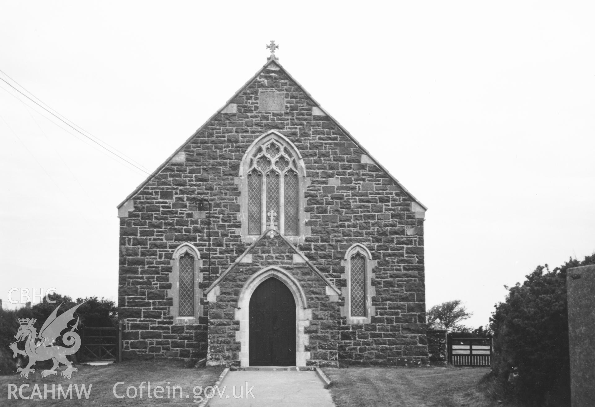Digital copy of a black and white photograph showing an exterior view of Berea Congregational Chapel, St David's, taken by Robert Scourfield, c.1996.