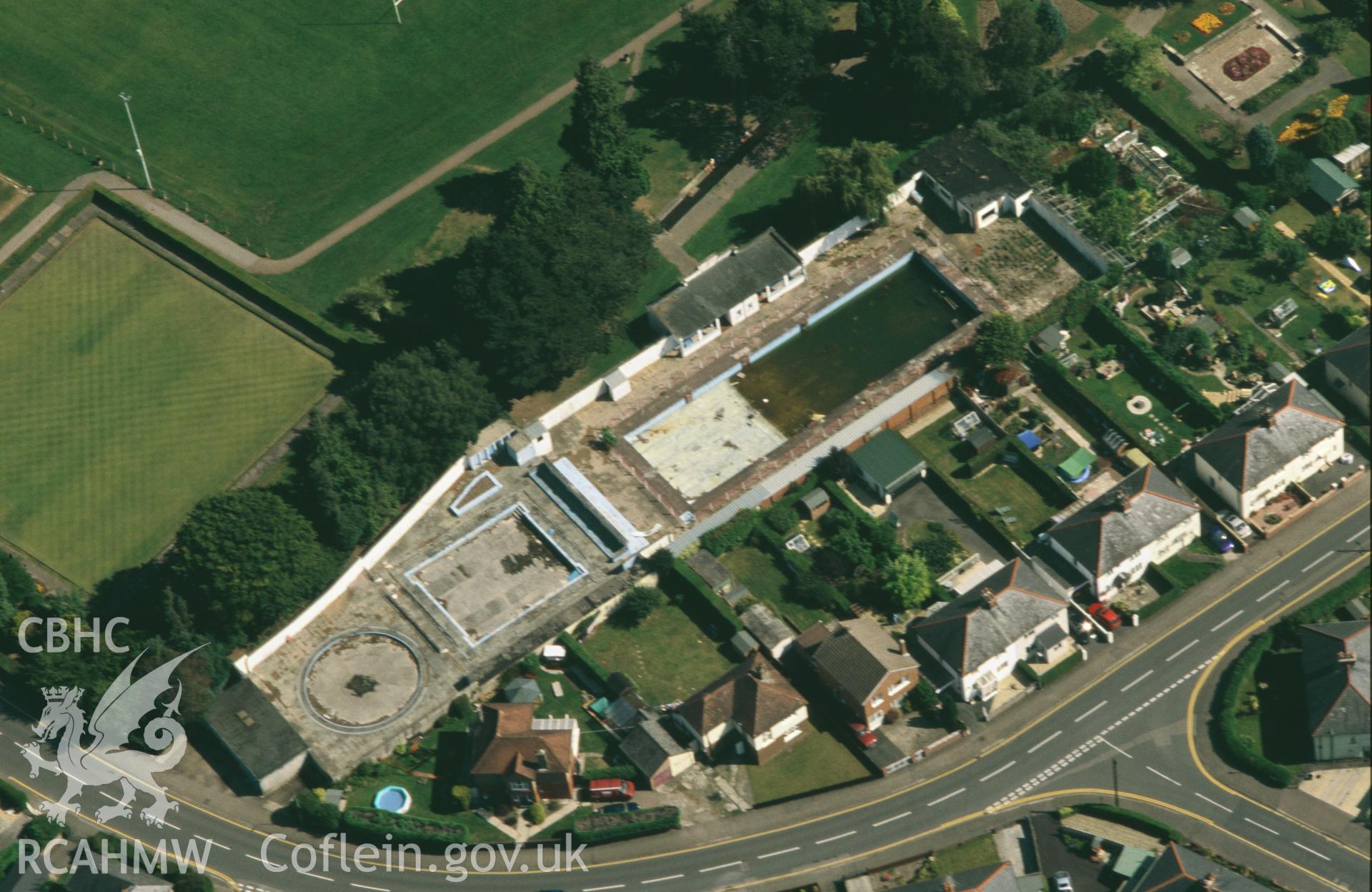 Slide of RCAHMW colour oblique aerial photograph of Bailey Park Lido, Abergavenny, taken by Toby Driver, 2003.