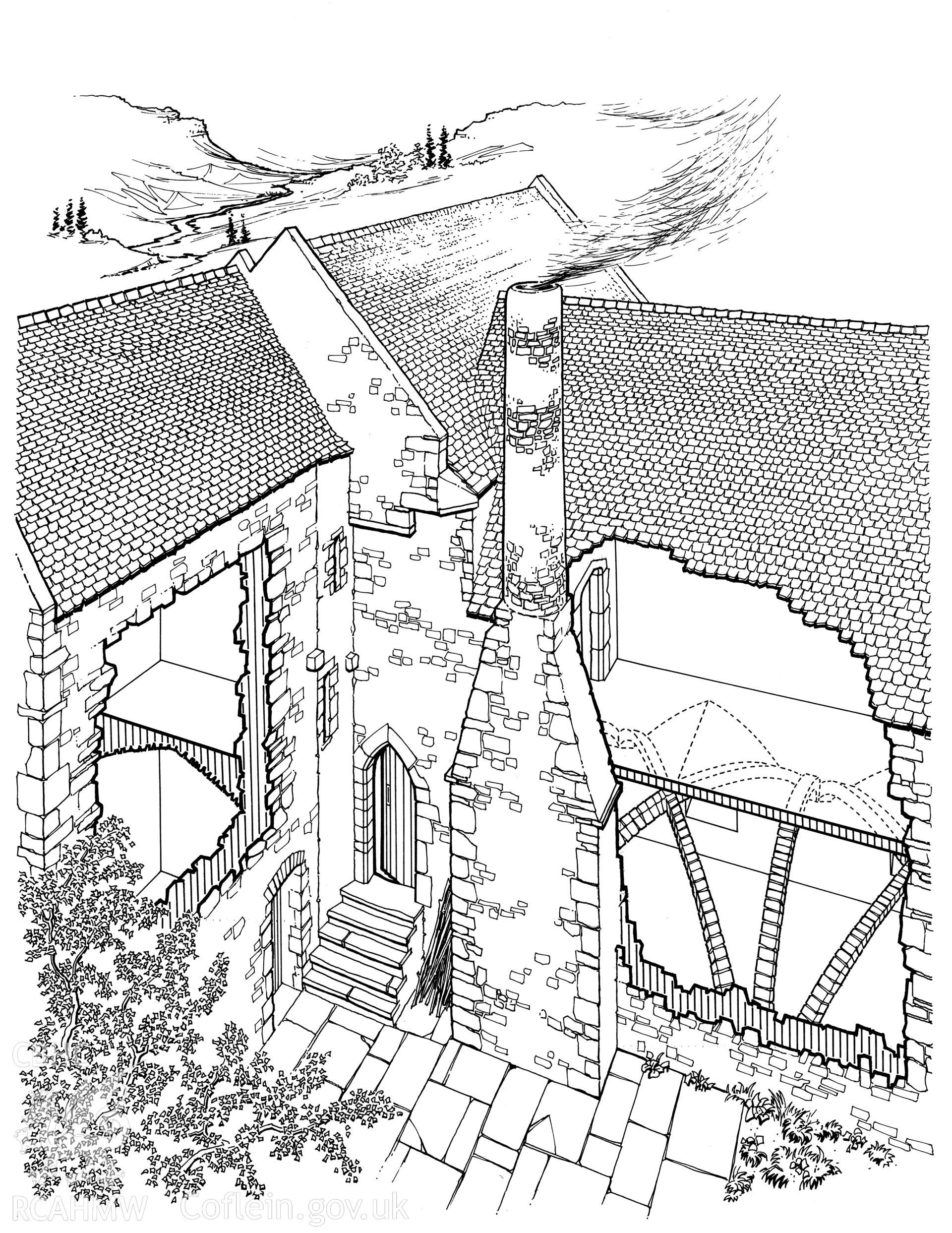 RCAHMW drawing showing cutaway reconstruction of Monkton Old Hall, published in Houses of the Welsh Countryside, fig 3.