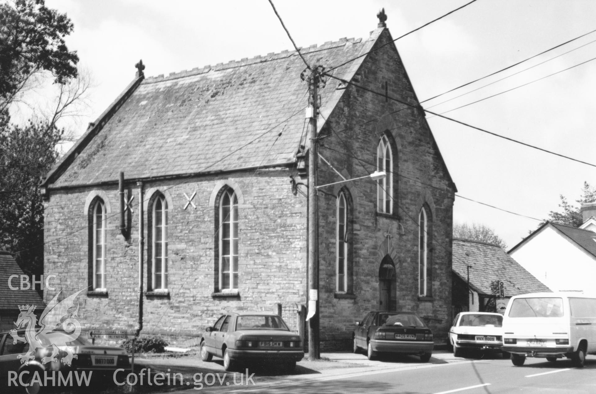 Digital copy of a black and white photograph showing a view of Capel Cenarth Welsh Calvinistic Methodist Chapel,  taken by Robert Scourfield, c.1996.