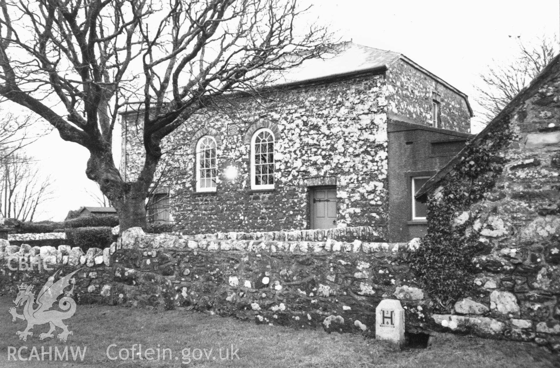 Digital copy of a black and white photograph showing an exterior view of Caerfarchell Calvinistic Mehodist Chapel, St Davids, taken by Robert Scourfield, 1996.