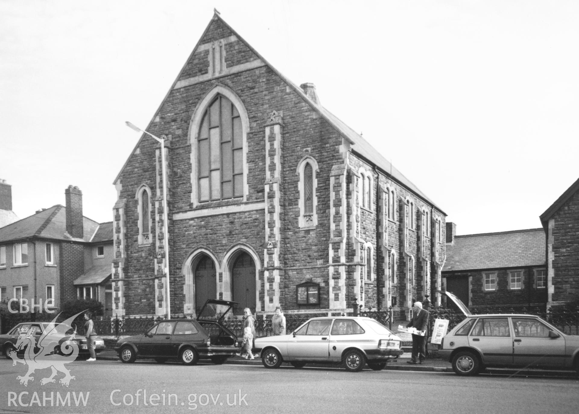 Digital copy of a black and white photograph showing an exterior view of Priory Road Wesleyan Methodist Chapel, Milford Haven, taken by Robert Scourfield, c.1996.