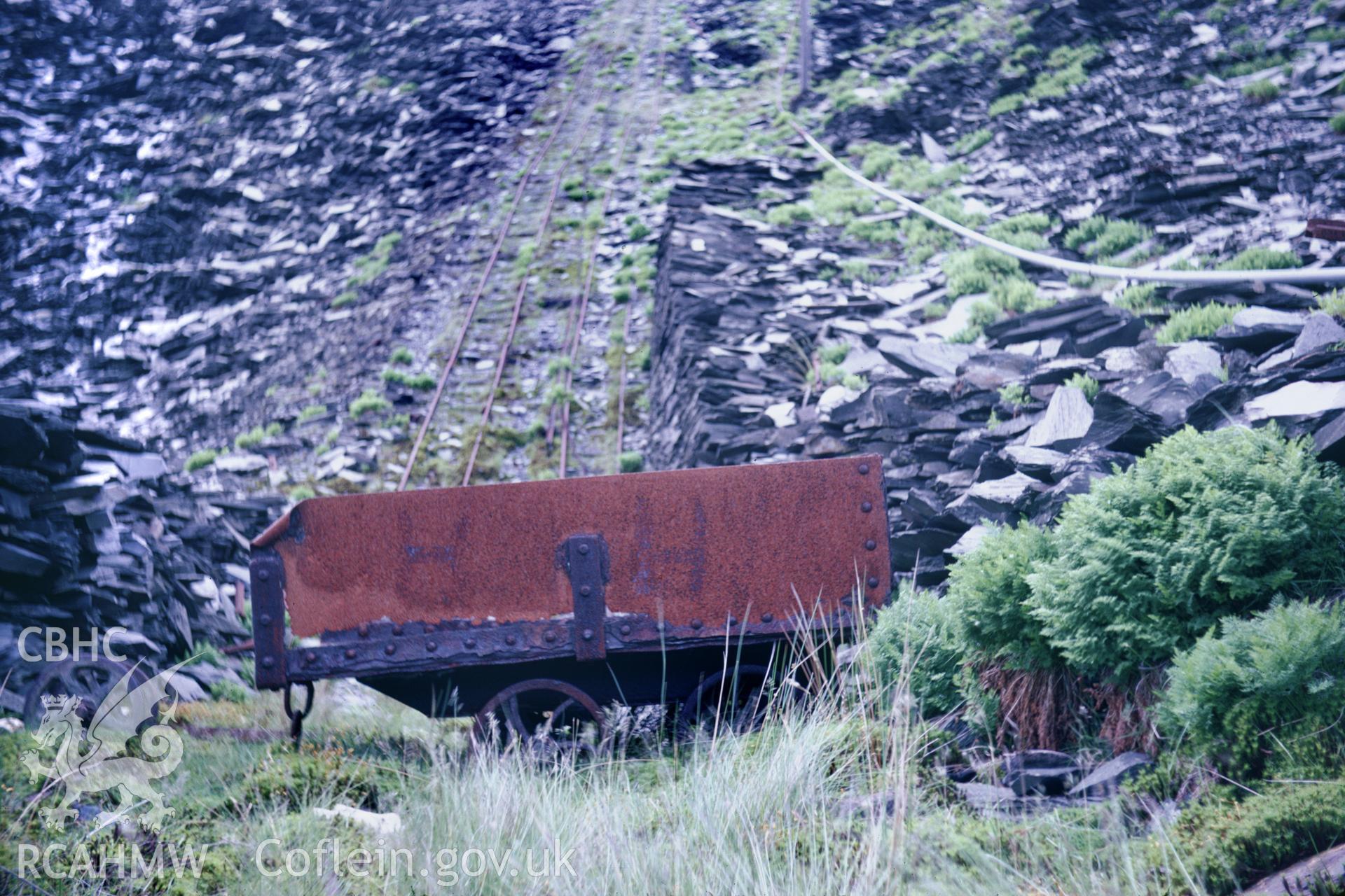 Colour 35mm slide of Oakley Slate, Quarry Blaenau Ffestiniog, showing truck, by Dylan Roberts, undated.