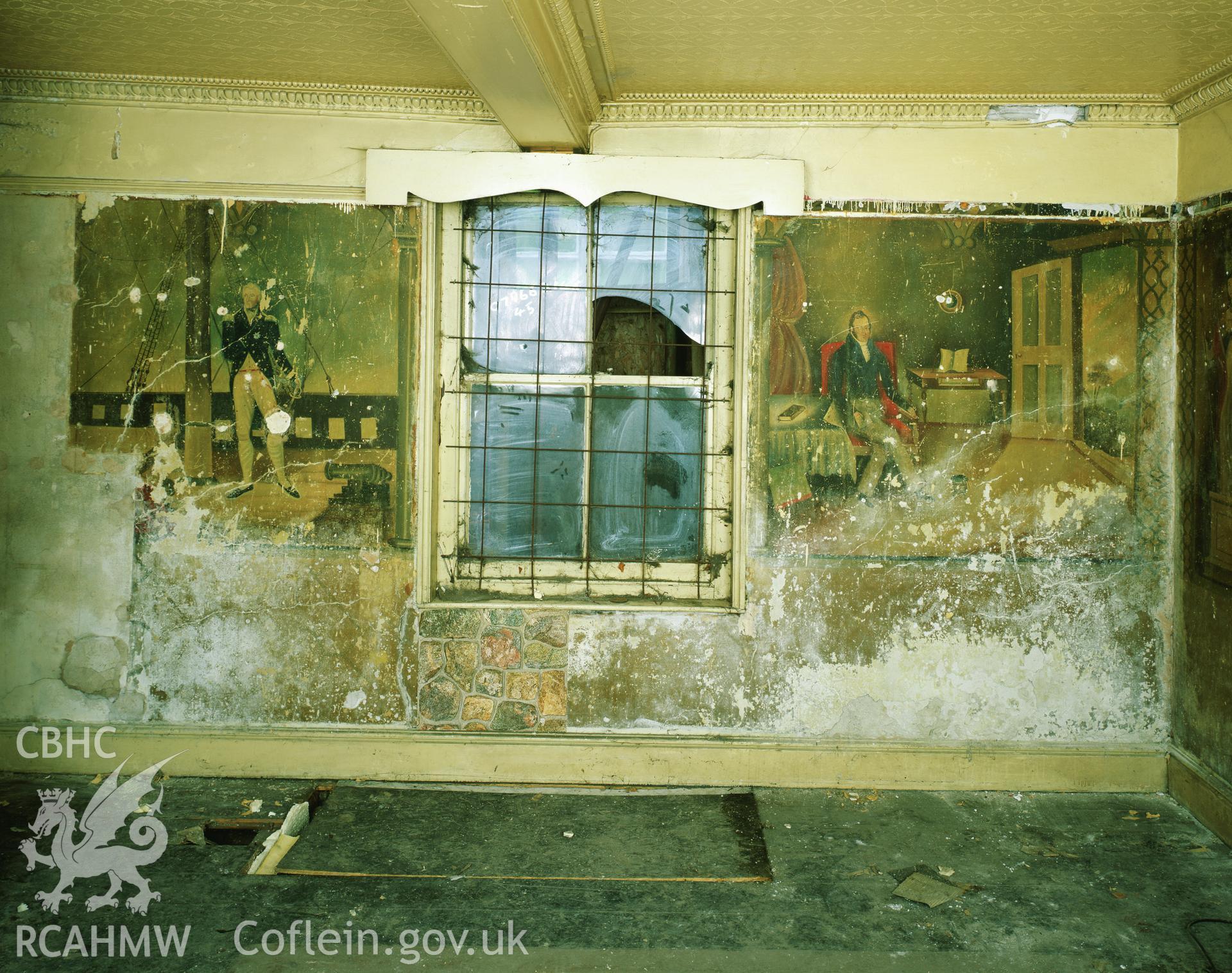 RCAHMW colour transparency showing wallpaintings at Elwy Bank, St Asaph, photographed by Iain Wright, November 2003.