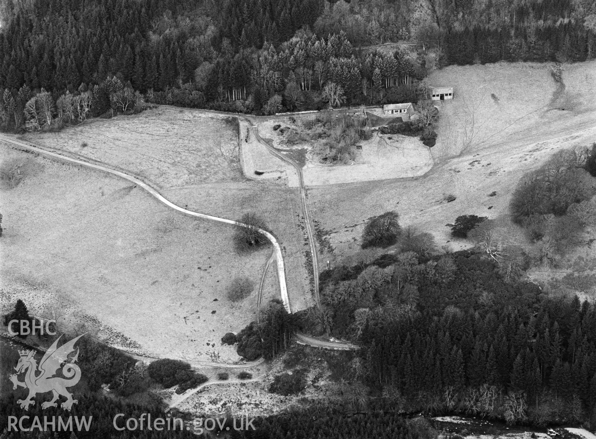 RCAHMW black and white oblique aerial photograph of Hafod Mansion, site of. Taken by Toby Driver on 31/01/2003