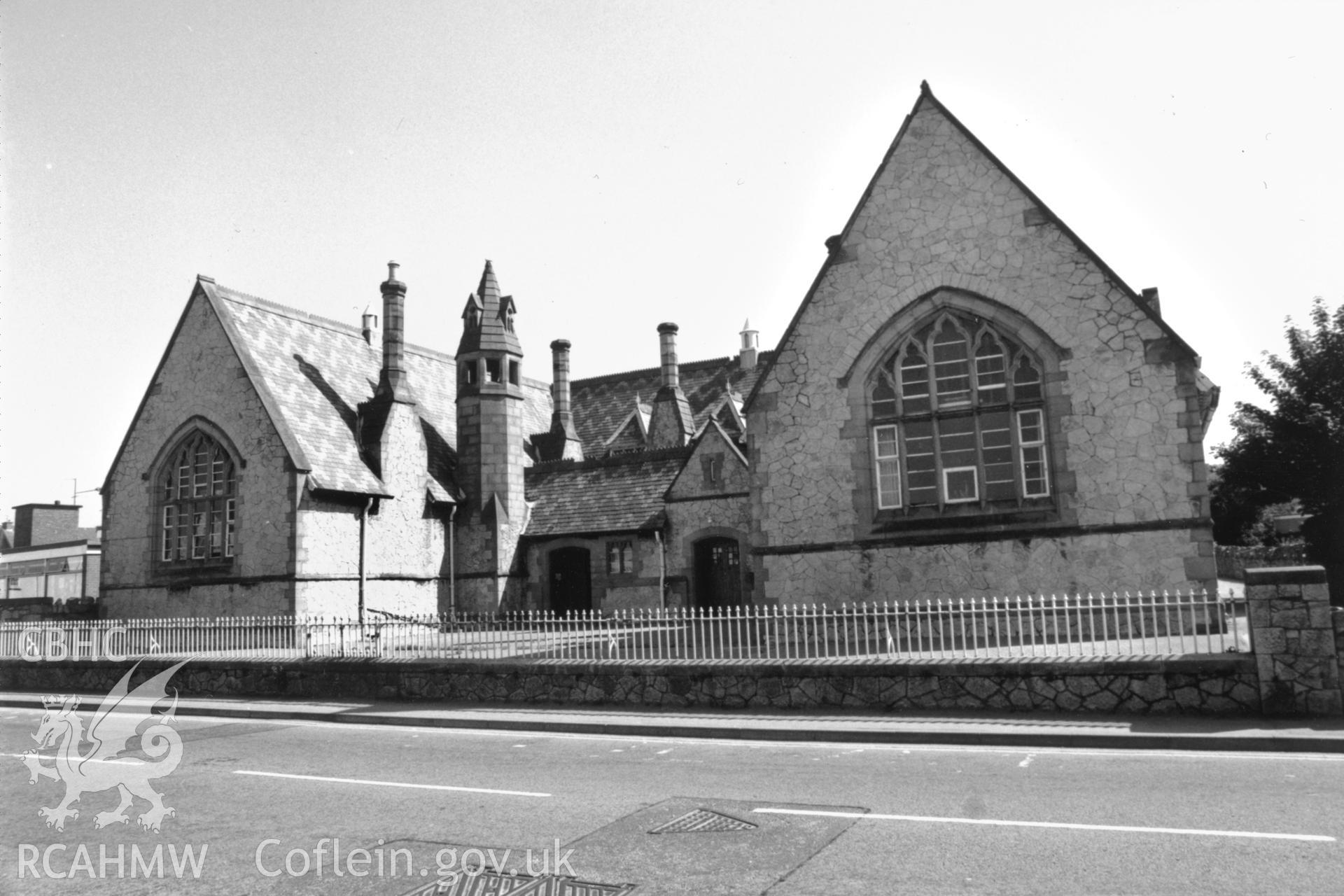Black and white photograph showing the National School, Abergele, produced by Malcolm Seaborne, July 1989.