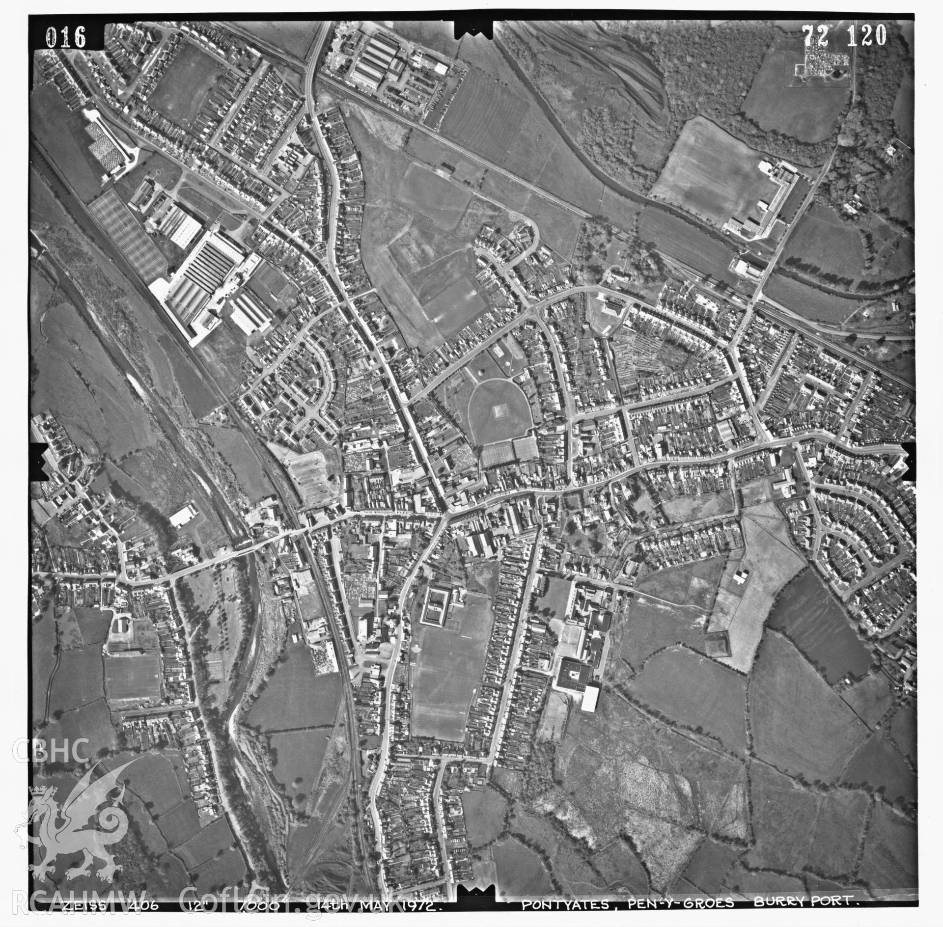 Digitized copy of an aerial photograph showing Ammanford area, taken by Ordnance Survey, 1972.