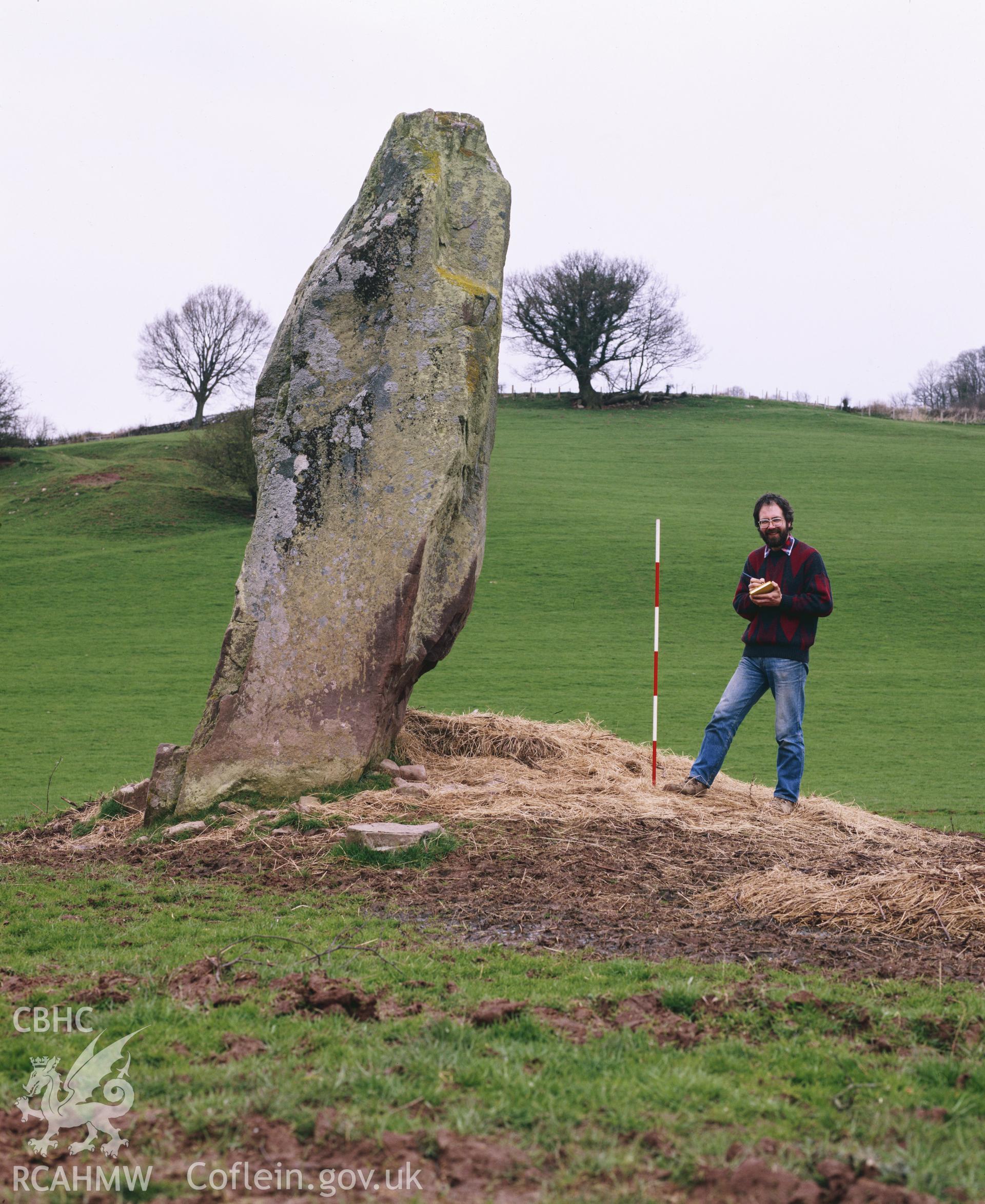 RCAHMW colour transparency showing standing stone at Troed Rhiwfer, taken by I.N. Wright, c1981.
