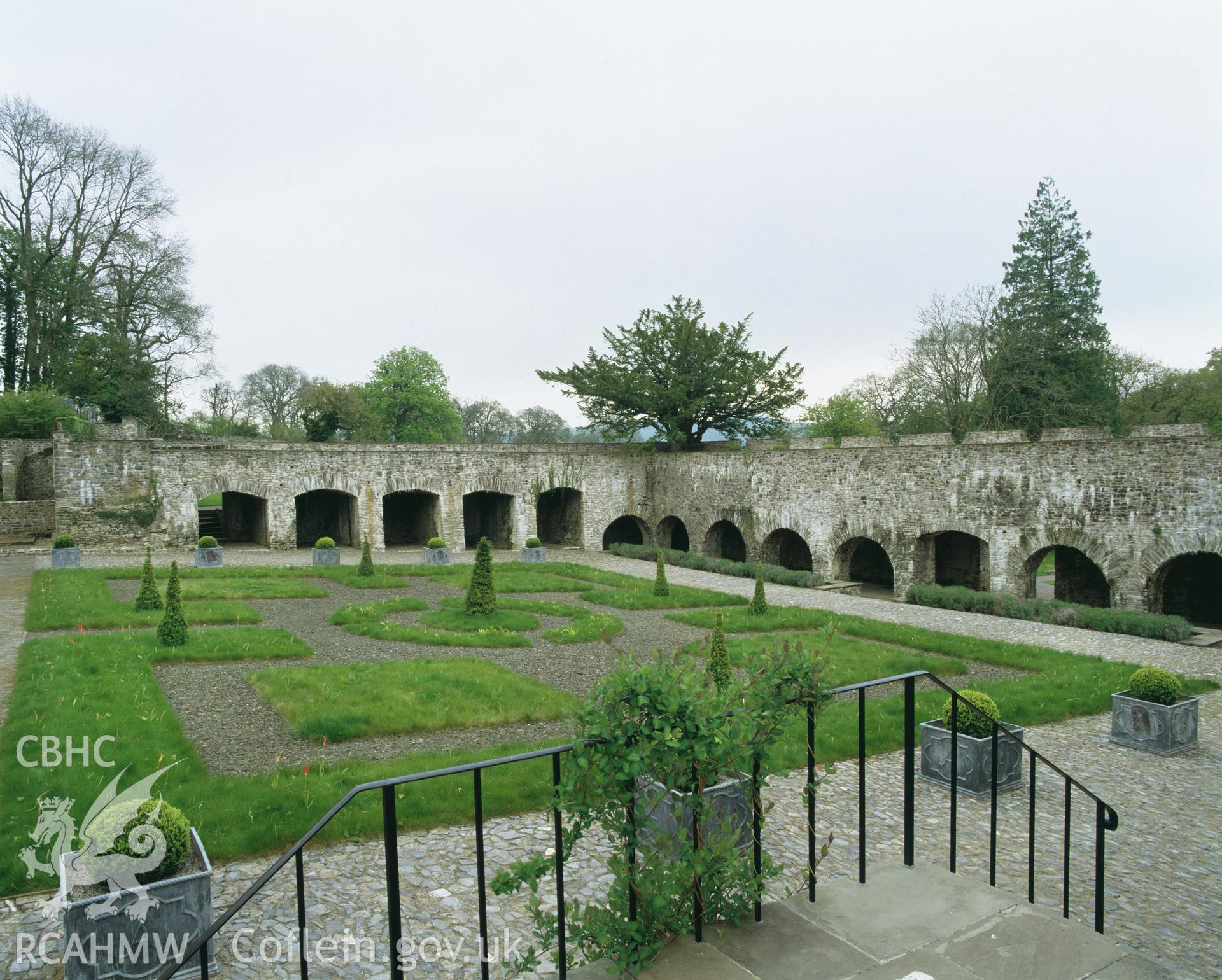 Colour transparency showing the cloister wall at Aberglasney, Llansgathen, produced by Iain Wright, June 2004.