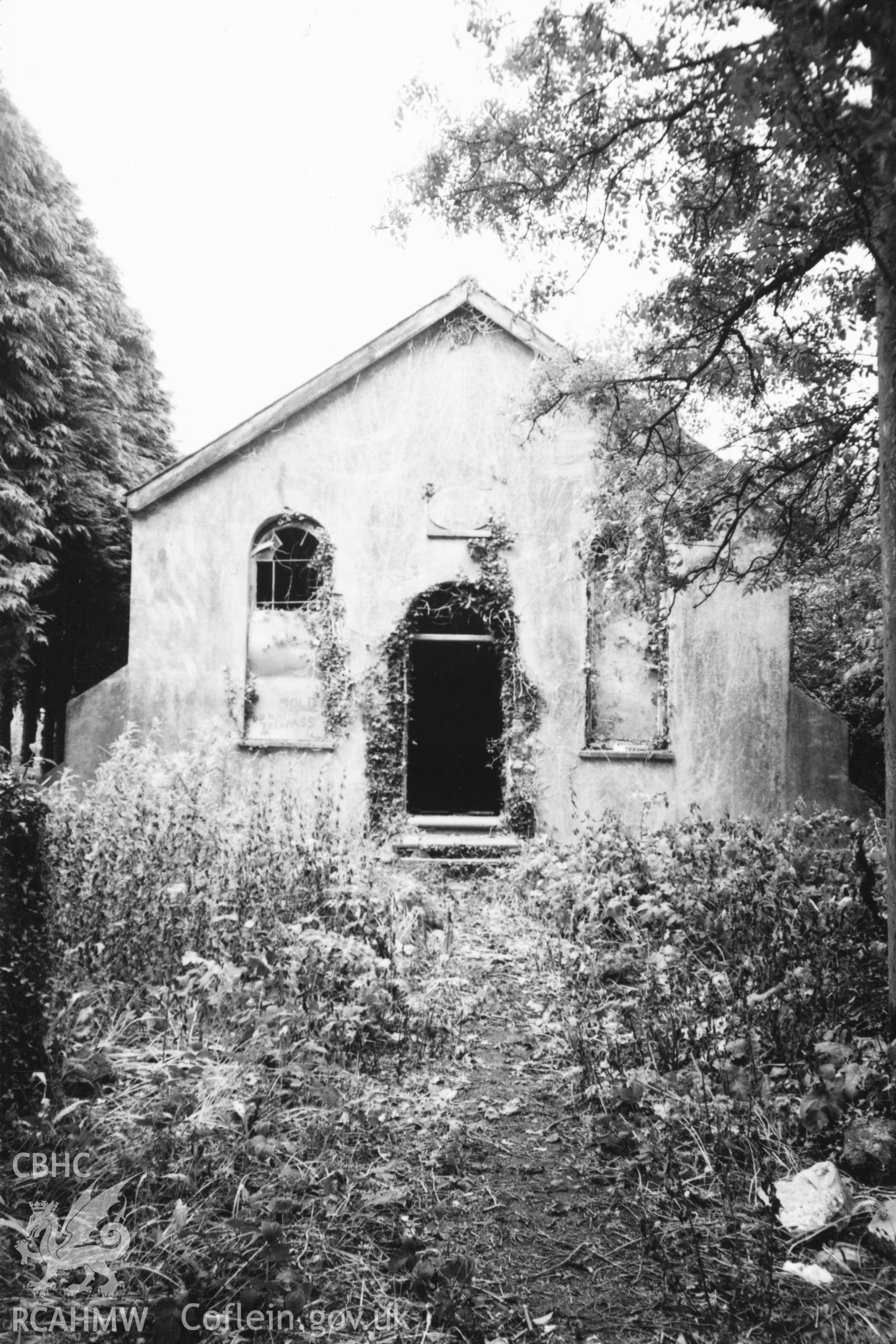 Digital copy of a black and white photograph showing an exterior view of Rhos-Goch Calvinistic Methodist Chapel, Red Roses taken by Robert Scourfield, 1996.