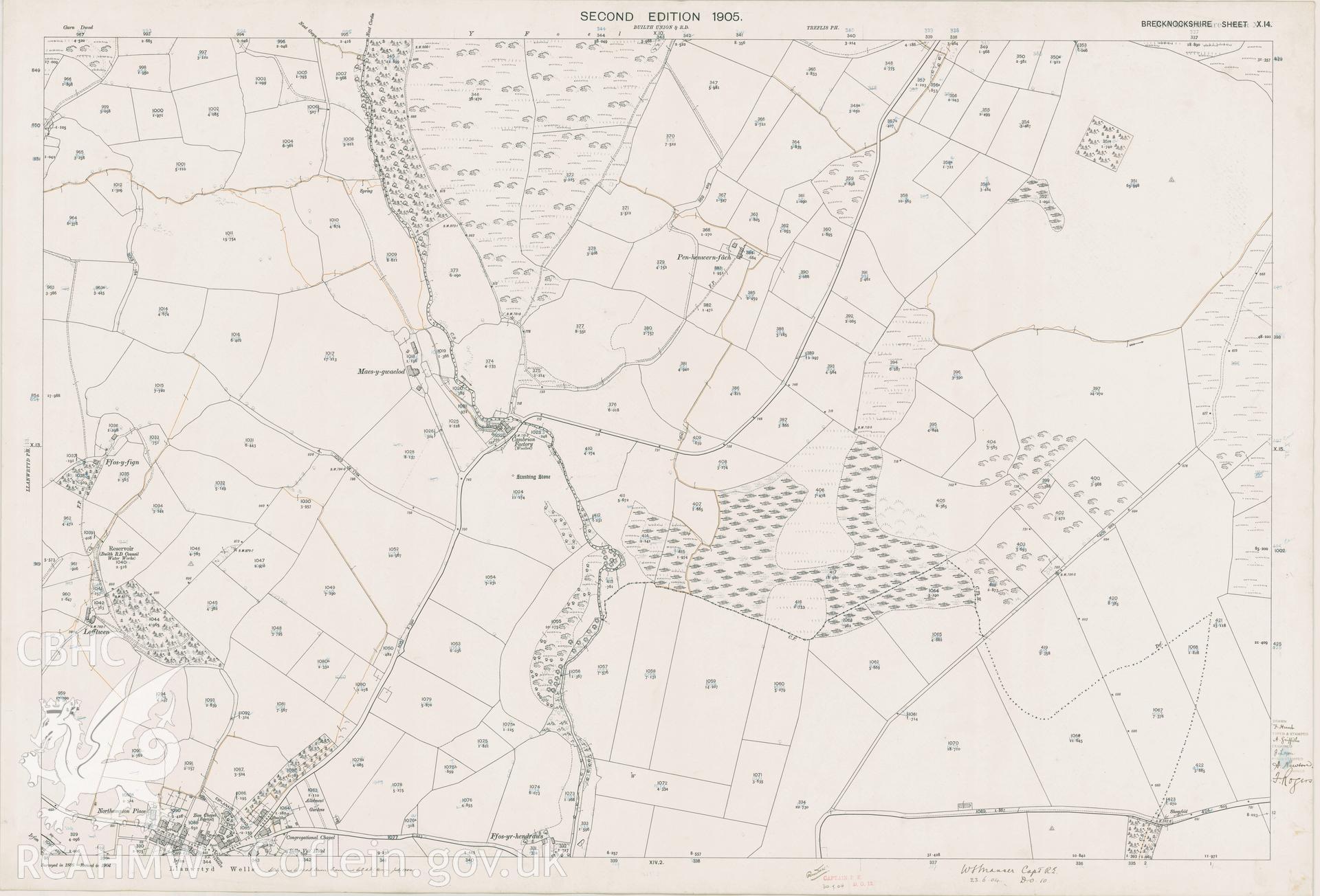 Digitized copy of Ordnance Survey 25 inch coloured map of Llanwrtyd Wells area 1905. Original size.