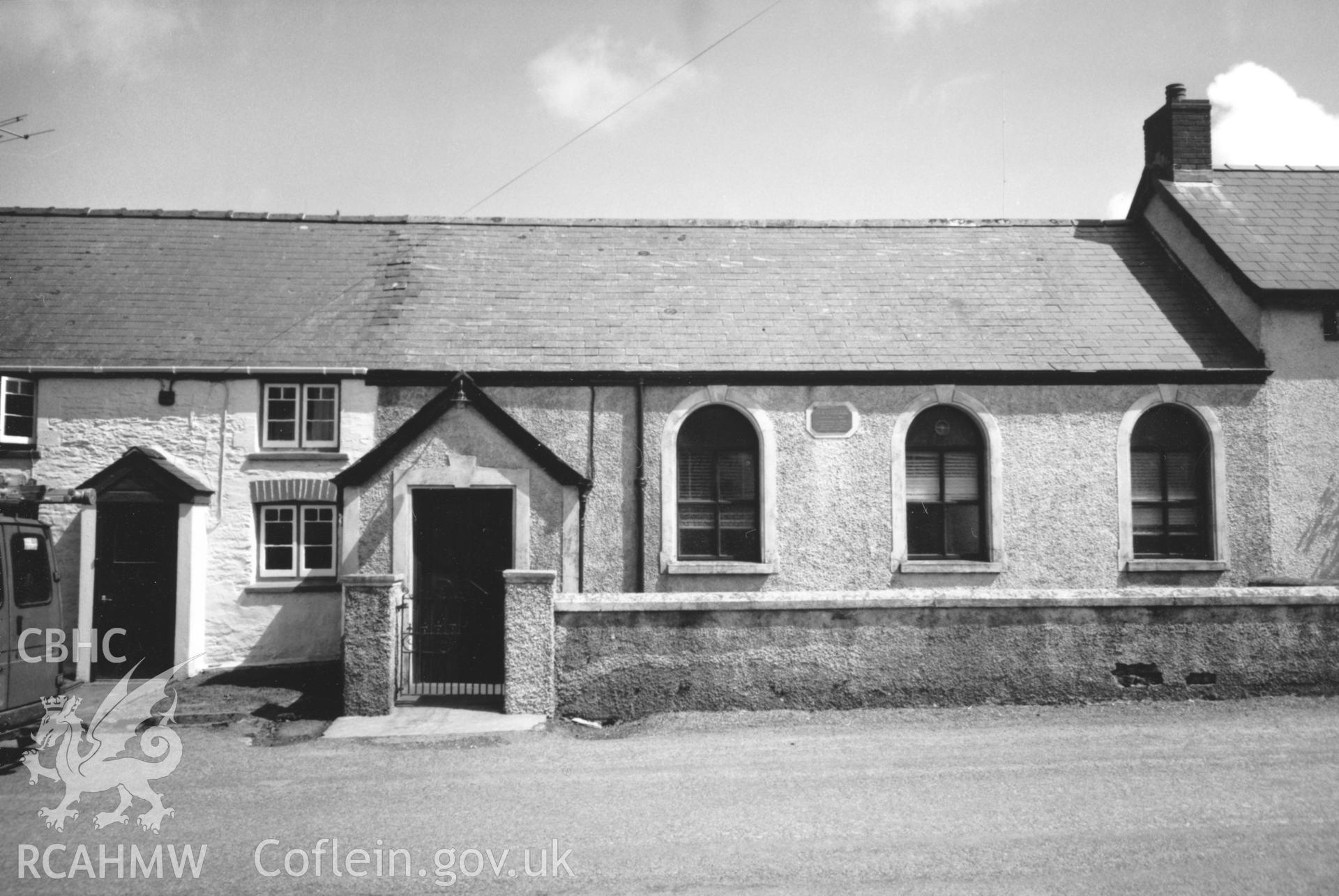 Digital copy of a black and white photograph showing a general view of Llwyn-Drain Independent Sunday School, taken by Robert Scourfield, c.1996.