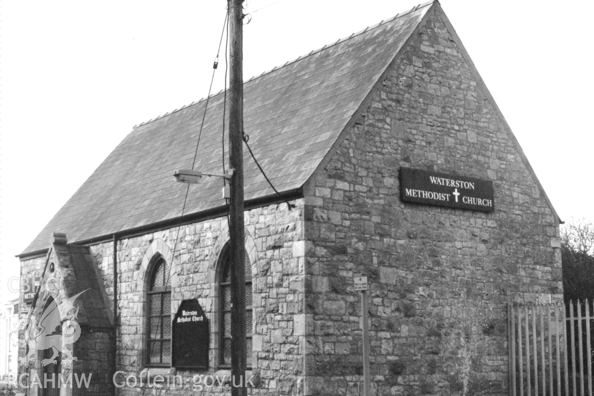 Digital copy of a black and white photograph showing an exterior view of English Wesleyan Methodist Chapel, Waterston, taken by Robert Scourfield, 1996.