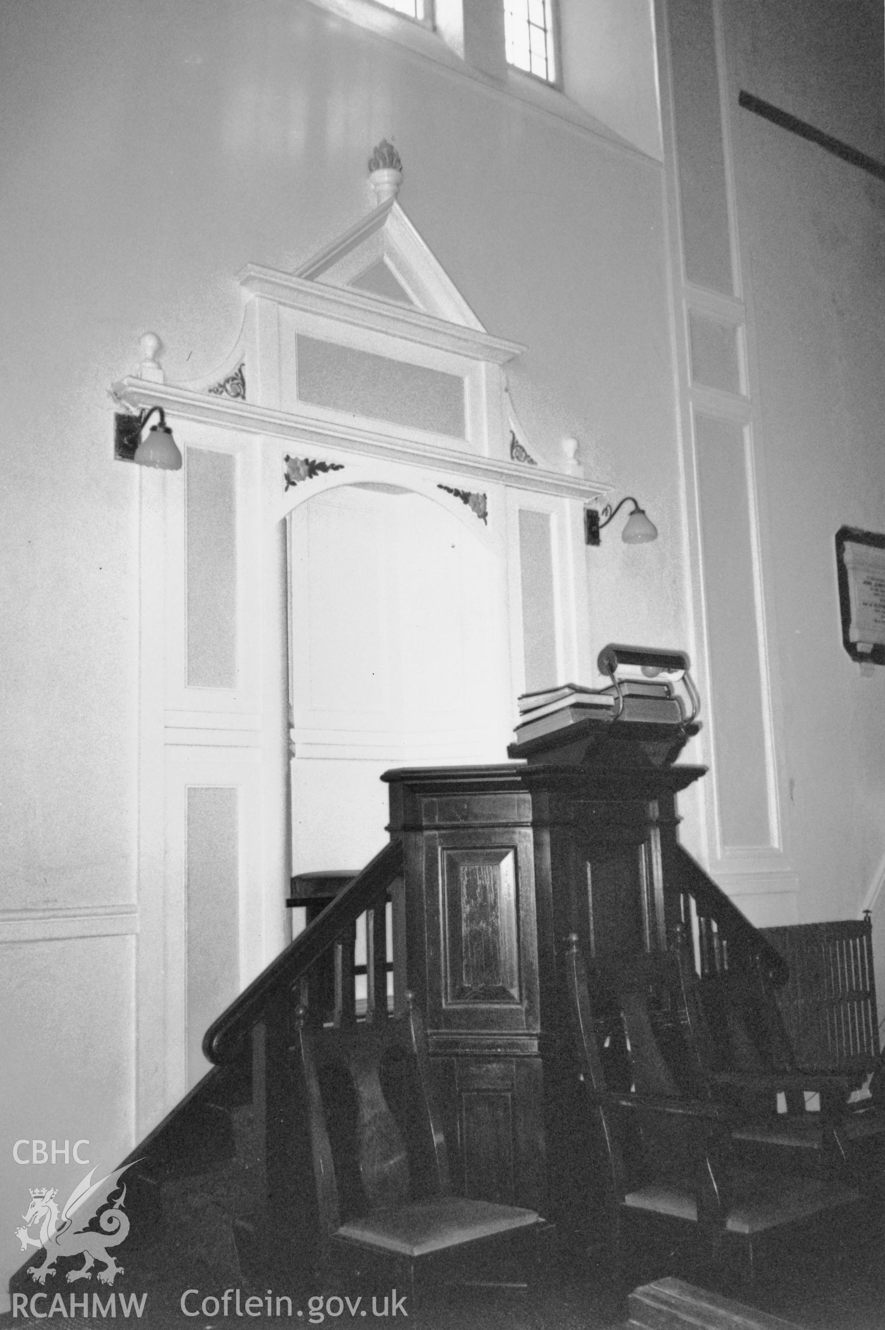 Digital copy of a black and white photograph showing an interior view of Henllan Amgoed Congregational Chapel,  taken by Robert Scourfield, 1996.