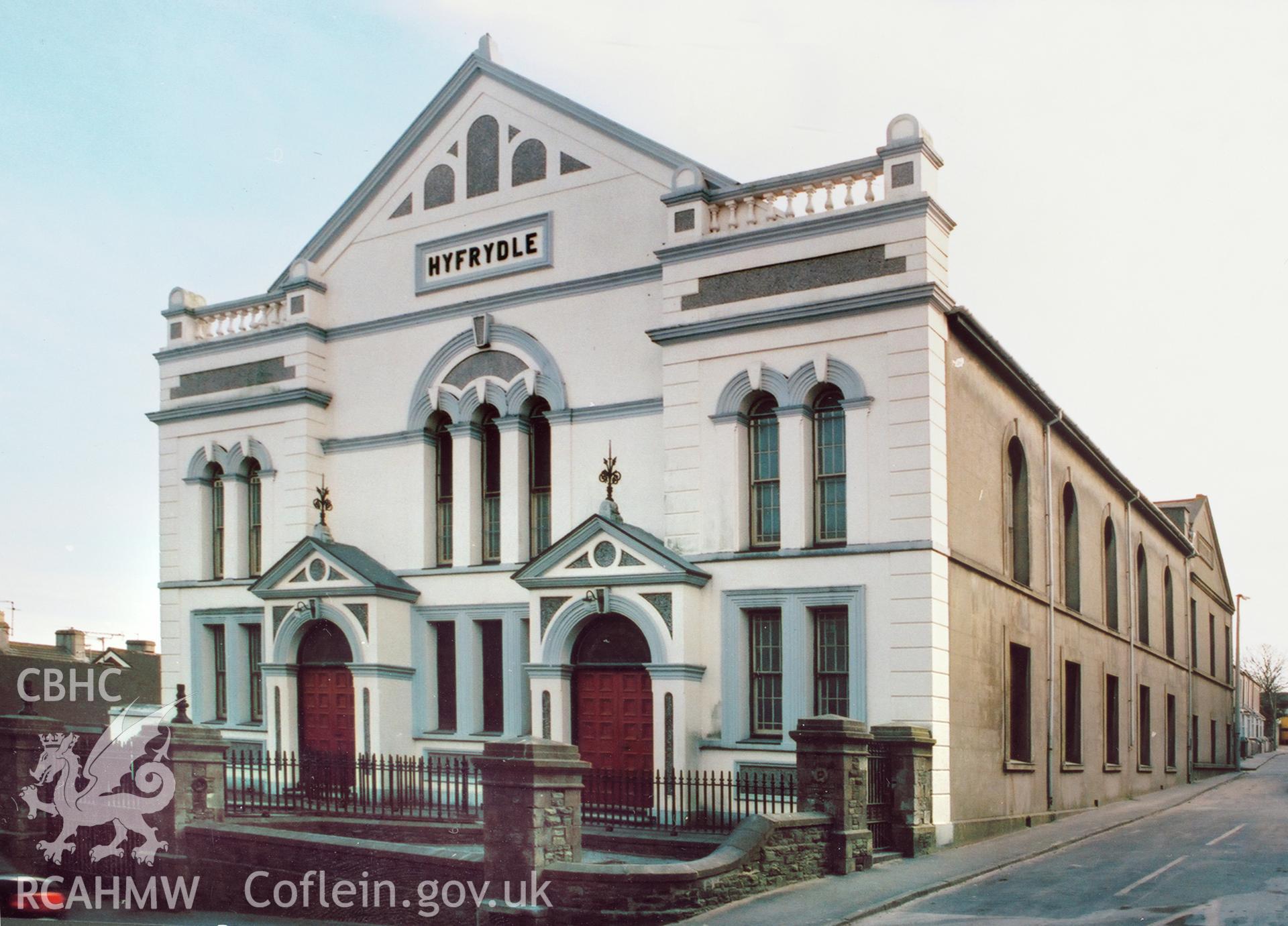 Digitized image showing an exterior view of Hyfrydle Chapel, Holyhead, copied from a colour image loaned for copying by Olwen Jenkins.
