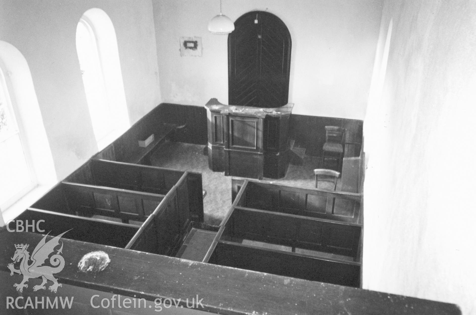 Digital copy of a colour photograph showing interior view of Dreen Hill Calvinistic Methodist Chapel,  taken by Robert Scourfield, 1996.