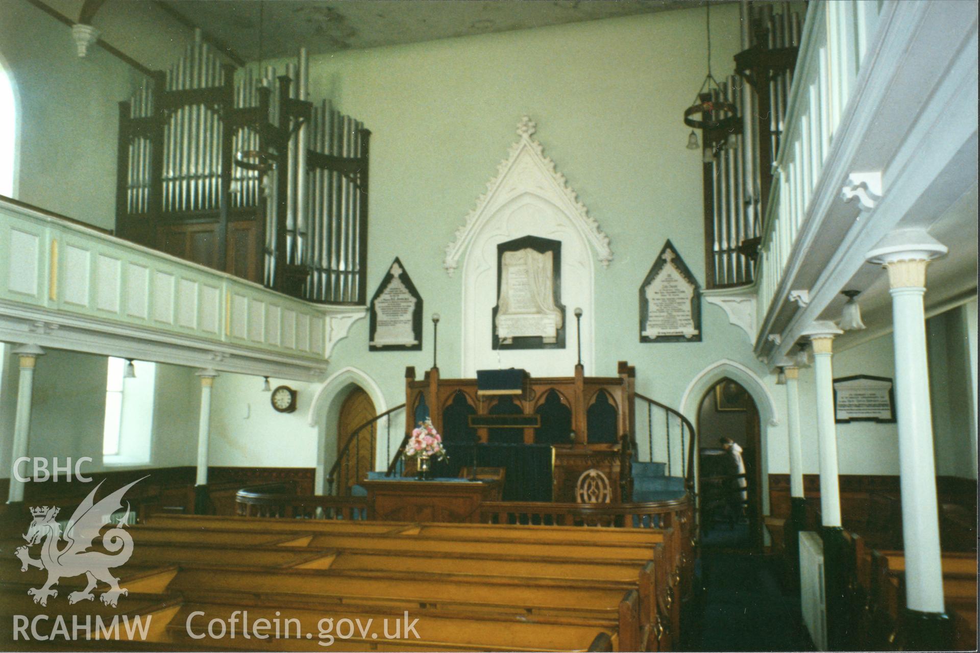Digital copy of a colour photograph showing an interior view of Welsh Independent Chapel, Union Street, Carmarthen, taken by Robert Scourfield, 1996.