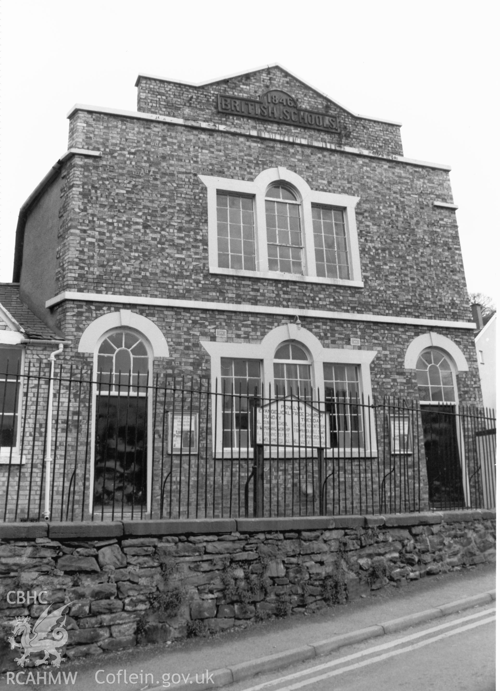 Large black and white photograph showing exterior view of the former British School, Llangollen, produced by Malcolm Seaborne, May 1989.