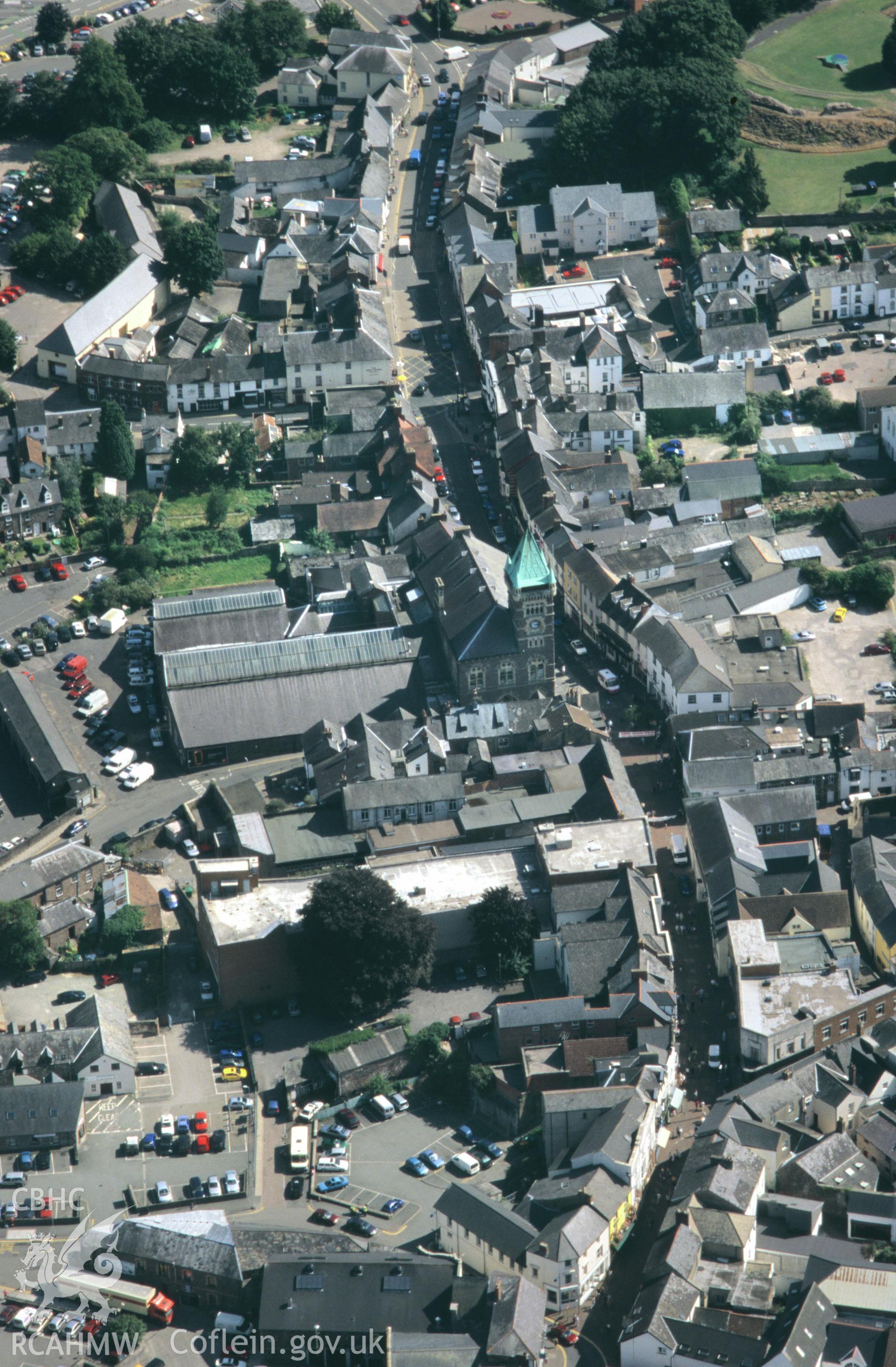 Slide of RCAHMW colour oblique aerial photograph of Abergavenny Town Hall, taken by Toby Driver, 2003.