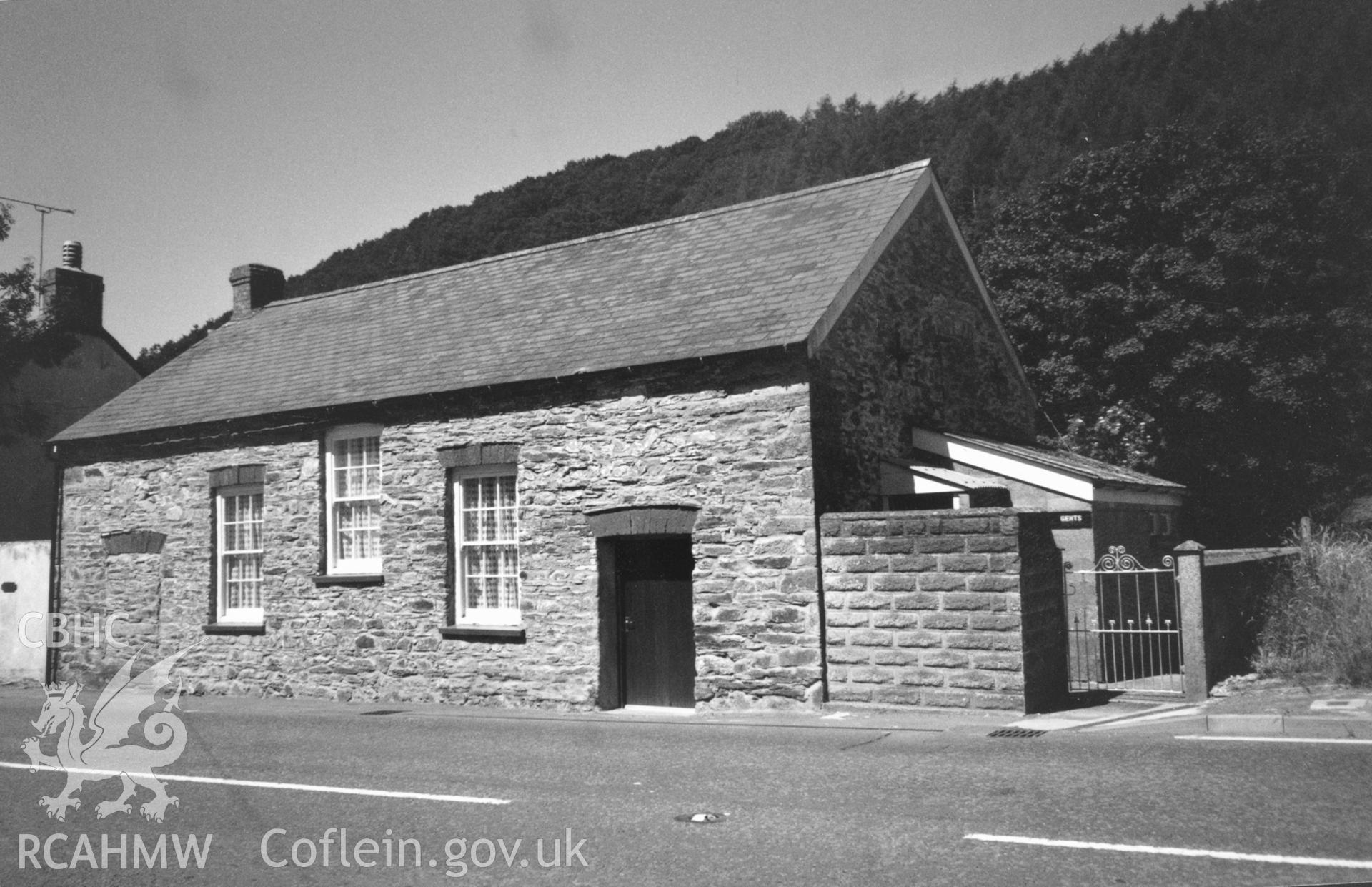 Digital copy of a black and white photograph showing an exterior view of Yr Hen Gapel, Bayvil, taken by Robert Scourfield, c.1996.