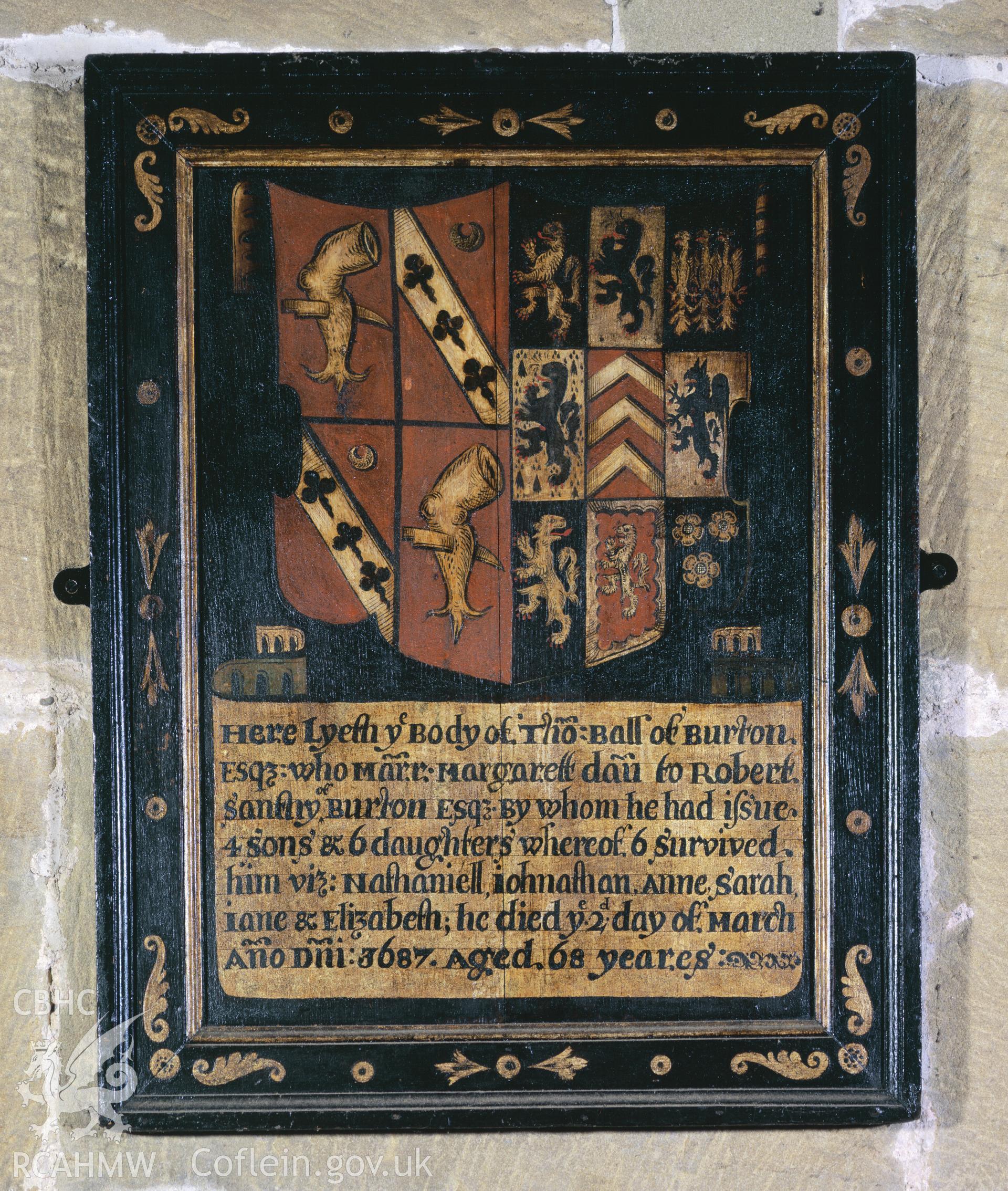 RCAHMW colour transparency showing memorial plaque to Thomas Ball at All Saints Church, Gresford, photographed by Iain Wright, 2001.