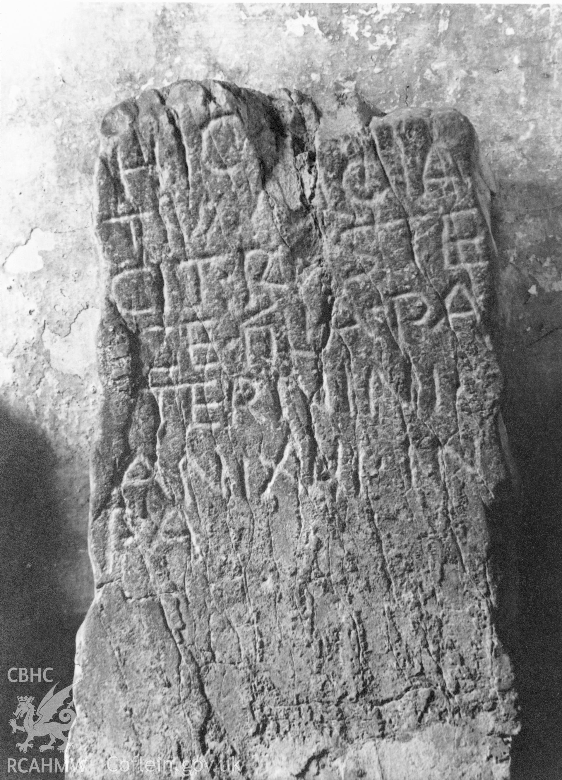Black and white photograph of roman-letter inscribed stone, St. Erfyl's Church, Llanerfyl: Corpus of Early Medieval Inscribed Stones and Stone Sculpture in Wales, Volume III, North Wales, Figure MT4.1, p.439.