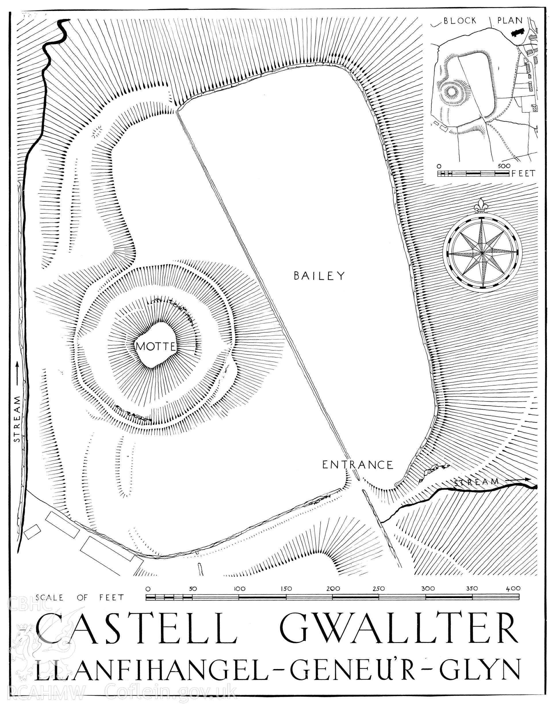 RCAHMW drawing (ink on linen) showing plan of Castell Gwalter, Llanfihangel Genau'r Glyn.