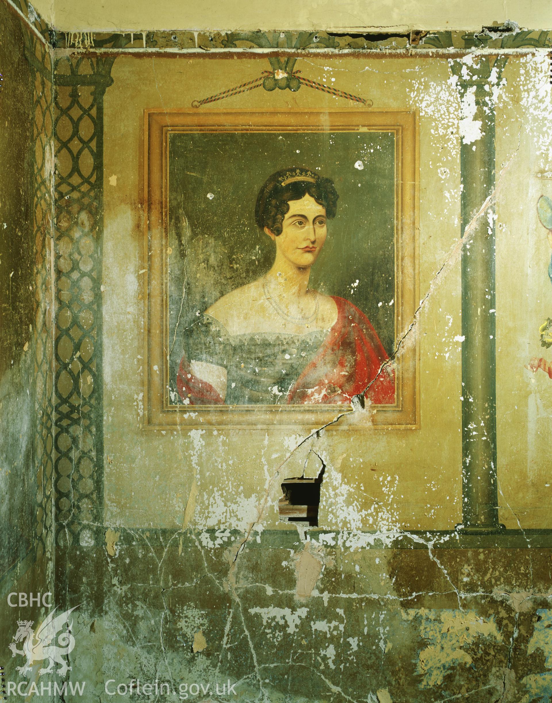 RCAHMW colour transparency showing framed portrait of a lady, at Elwy Bank, St Asaph, photographed by Iain Wright, November 2003.