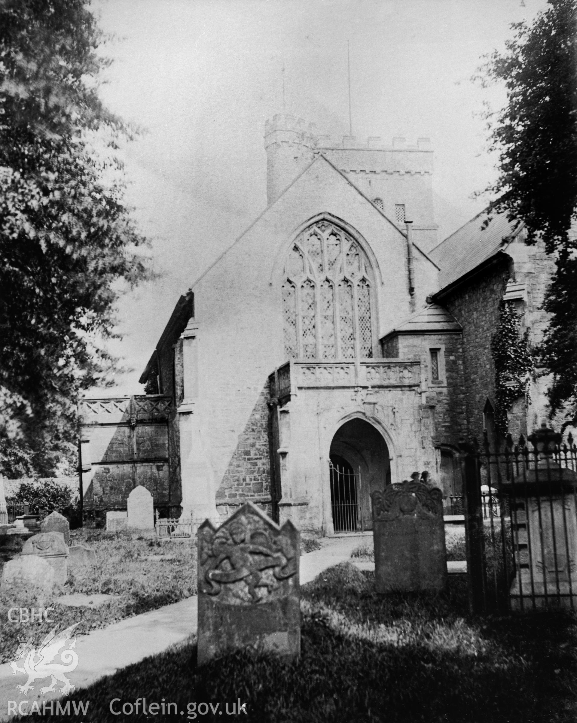 St Mary's Church, Usk; black and white photograph showing an exterior view of the church from the west, copied from an early print from the Rhayader Collection, loaned for copying by P.M. Reid.