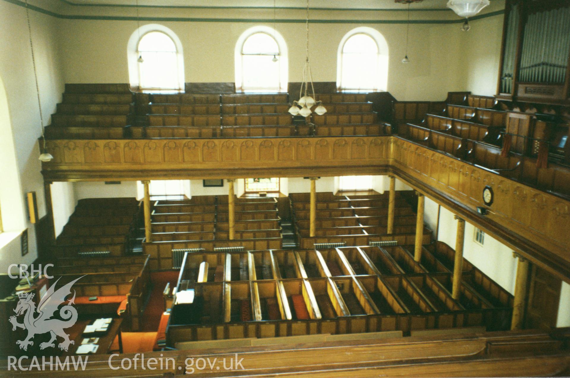 Digital copy of a colour photograph showing an interior view of Heol Awst Welsh Independent Chapel, Lammas Street, Carmarthen, taken by Robert Scourfield, 1996.