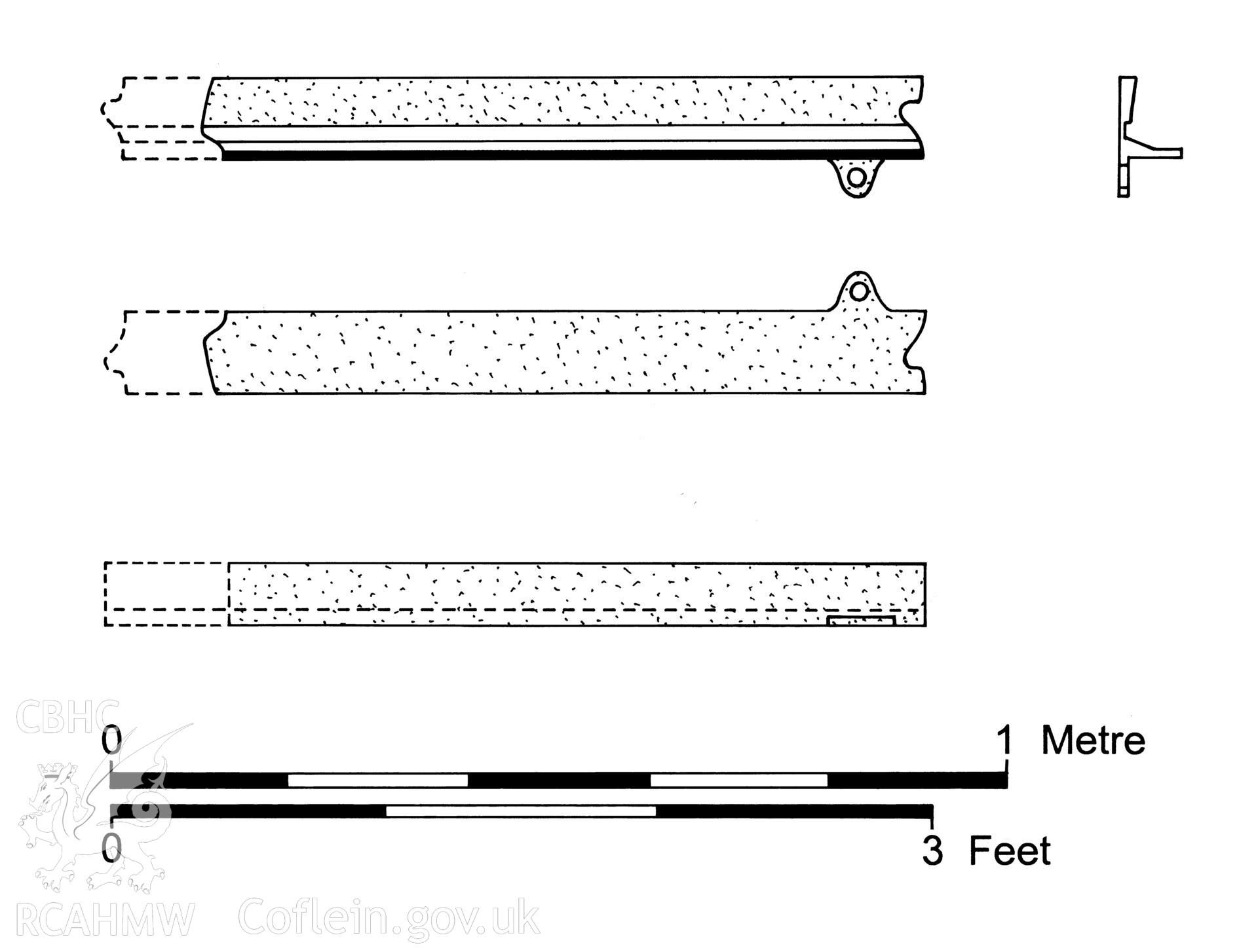 Measured drawing showing detail of cast-iron plate rails found at Yard Bridge, Abercraf, produced by C.W. Green, 2006