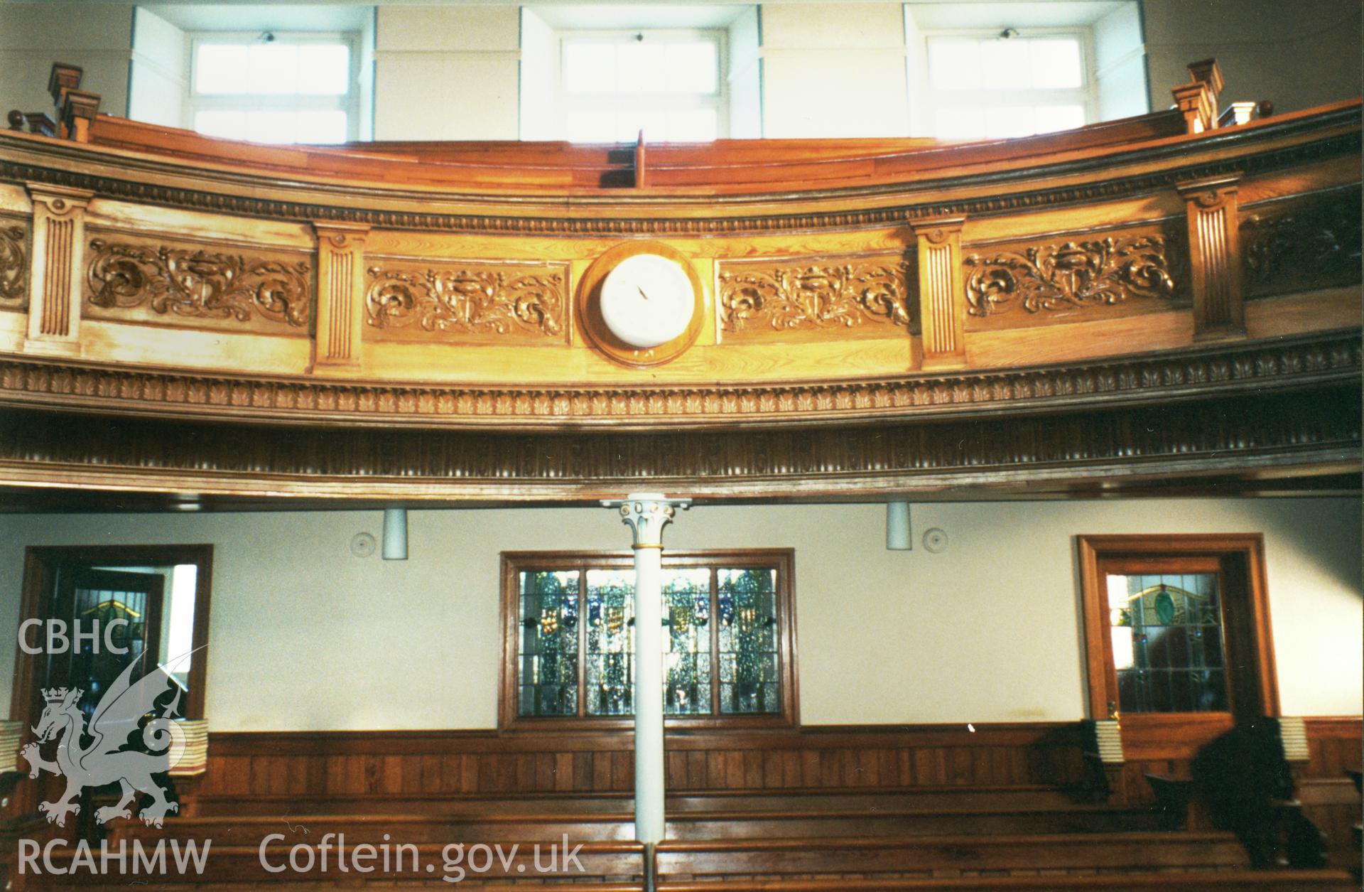 Digital copy of a colour photograph showing an interior view of Tabernacl Welsh Independent Chapel,  Upper Fishguard, taken by Robert Scourfield, c.1996.