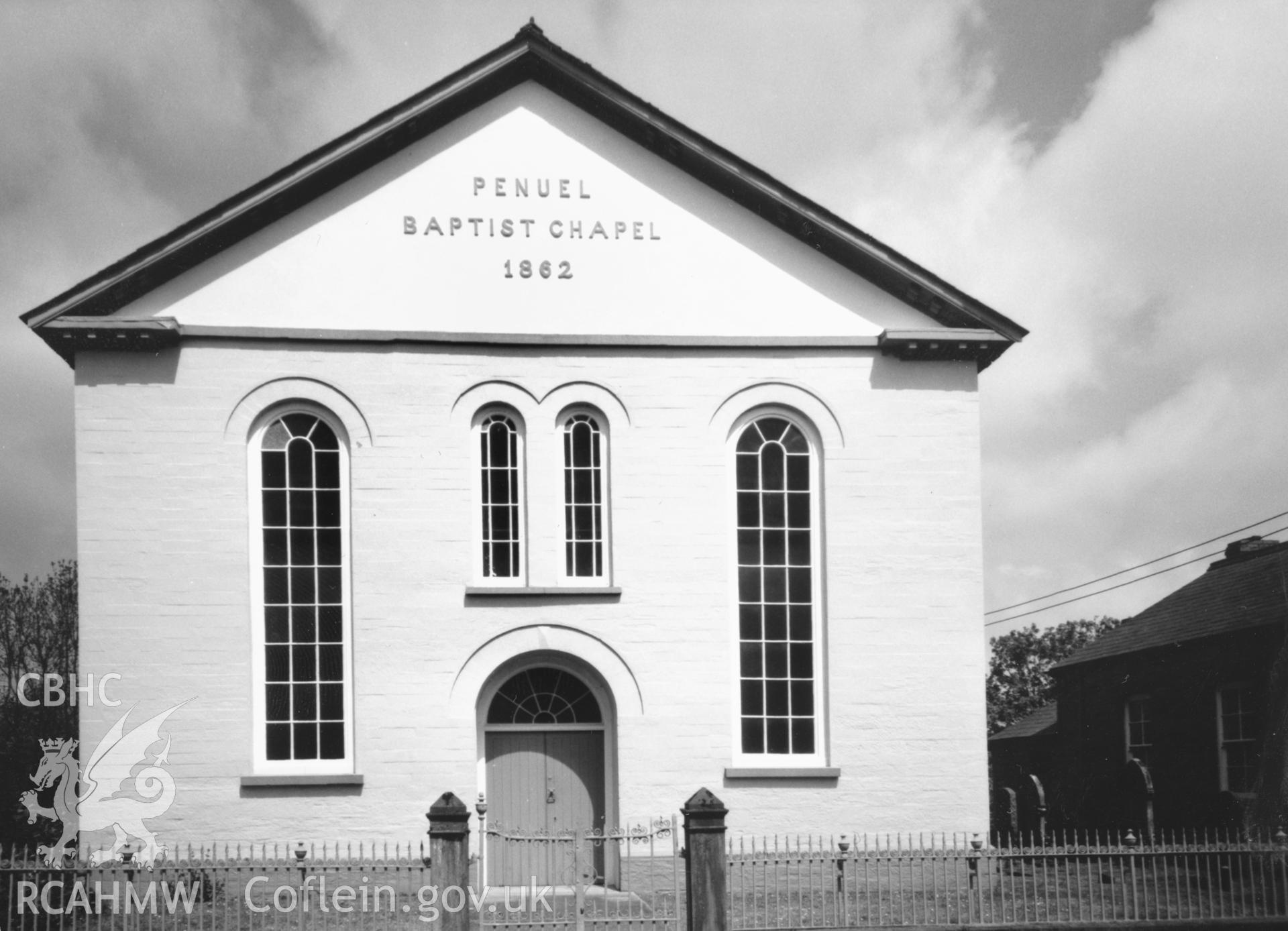 Digital copy of a black and white photograph showing a view of Penuel Welsh Baptist Chapel,  Cilgerran, taken by Robert Scourfield, c.1996.