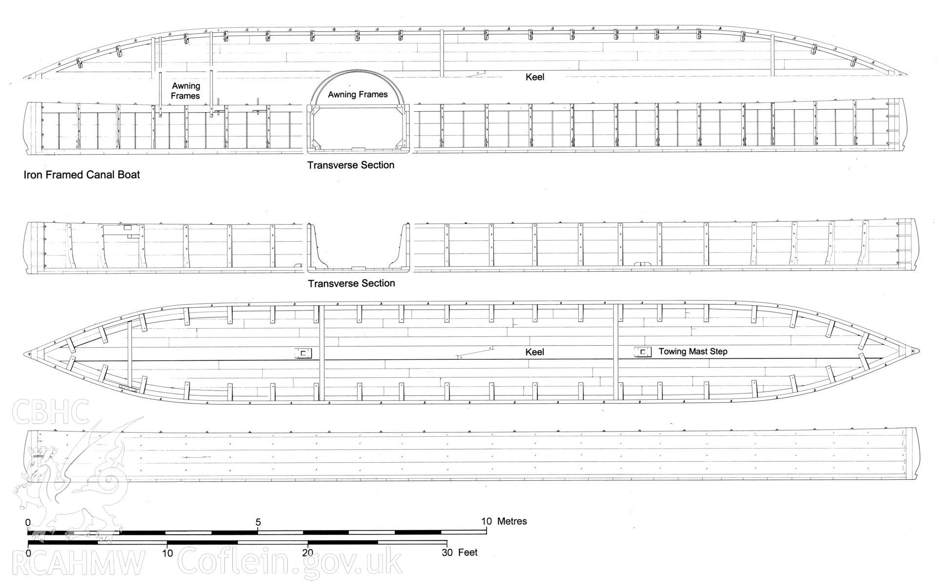 Measured drawing showing plan and section views of a canal boat found at Abercraf, produced by J.D. Goodband, 1980.