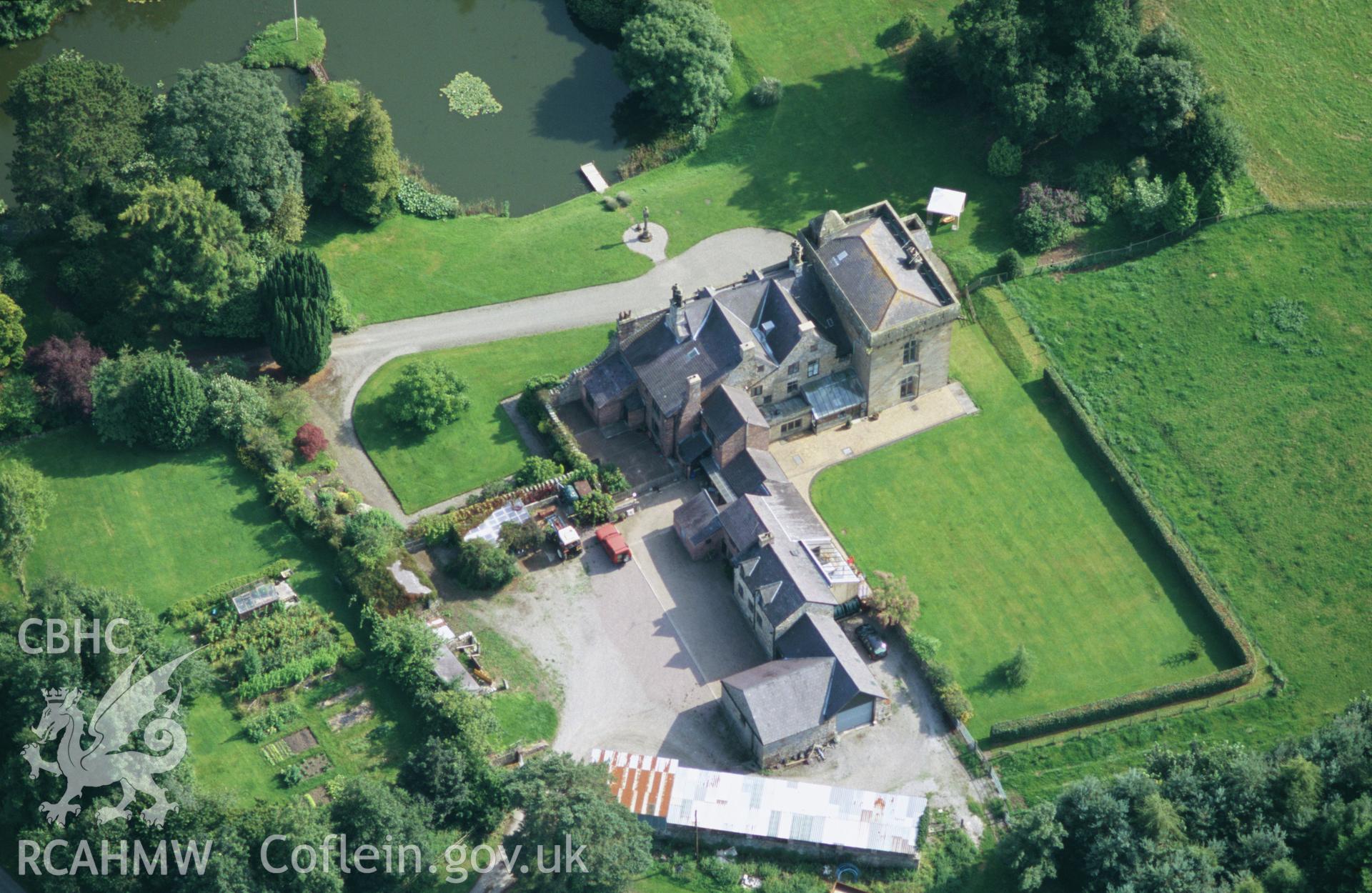 Slide of RCAHMW colour oblique aerial photograph of Broncoed Tower, taken by Toby Driver, 2004.