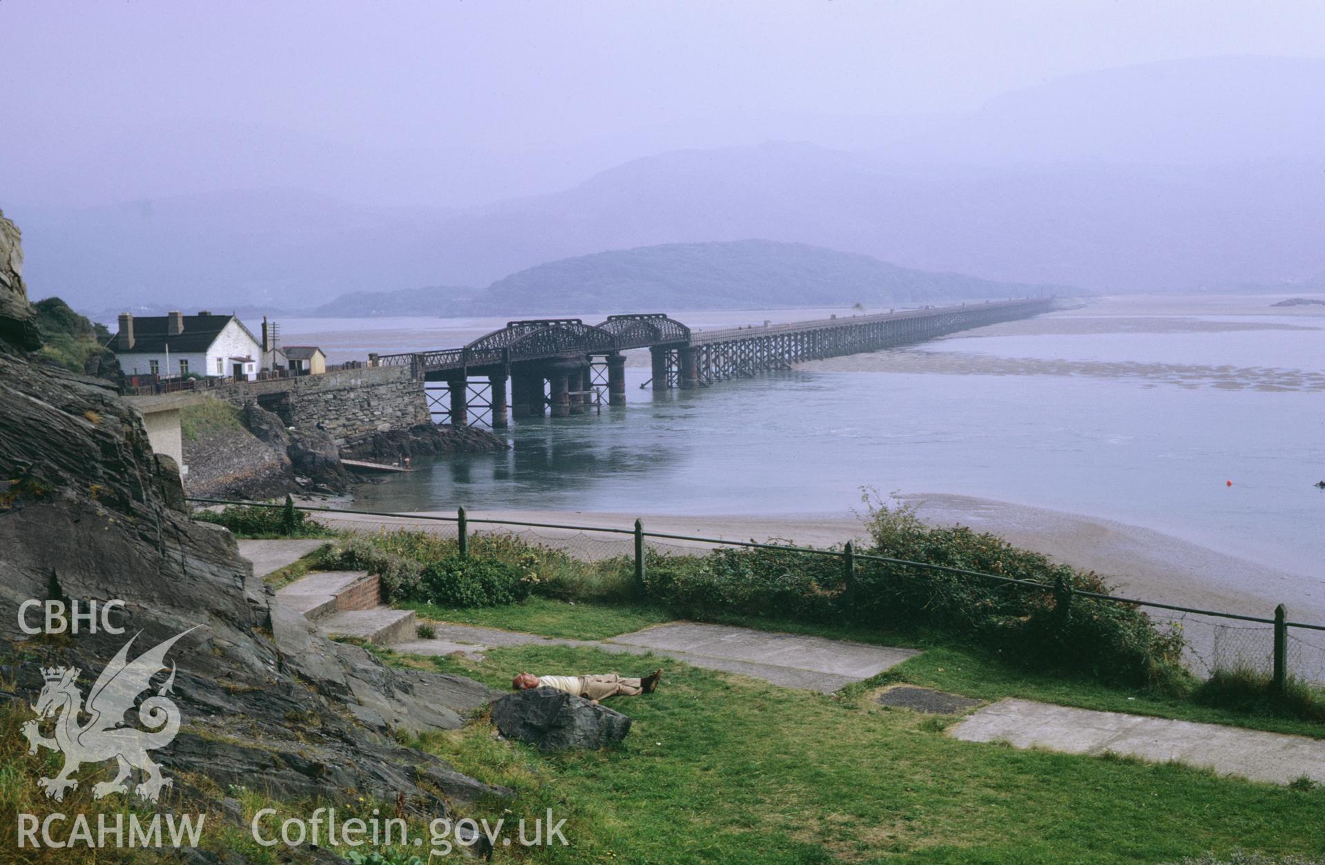 35mm colour slide showing Barmouth Estuary Railway Bridge, Merionethshire by Dylan Roberts.
