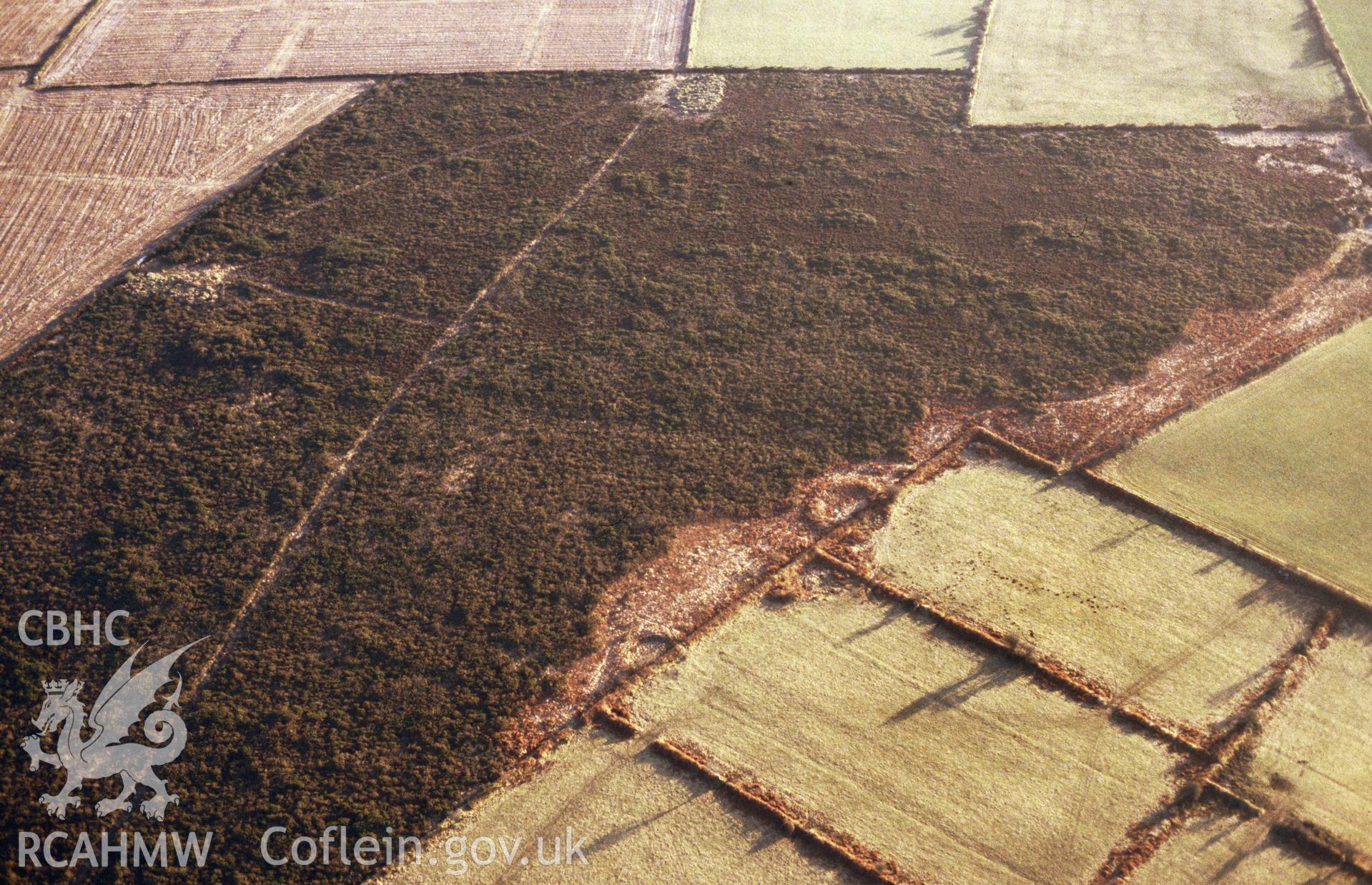 RCAHMW colour slide oblique aerial photograph of Blaen Ffynnon Enclosures, Cilymaenllwyd, Llanboidy, taken by C.R.Musson on the 02/02/1997